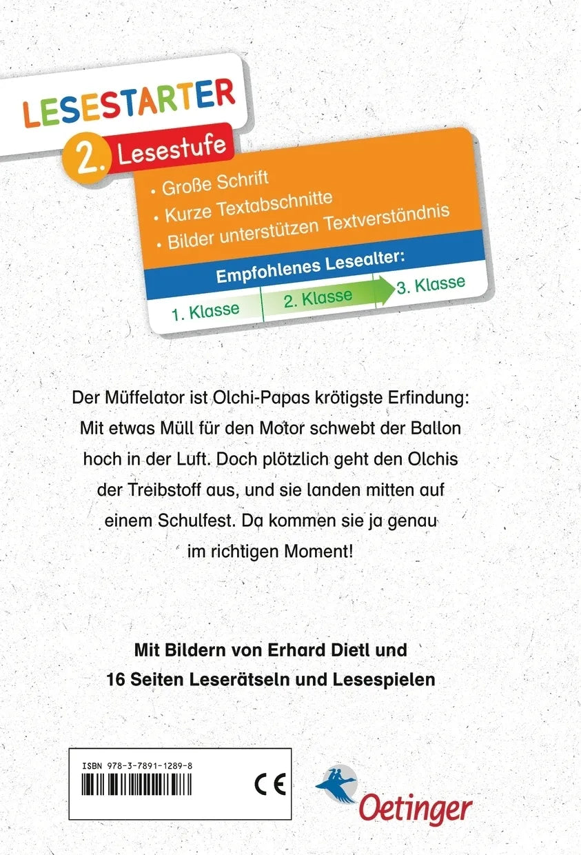 Buchrückseite von 'Die Olchis auf dem Schulfest' mit Klappentext - Gebundene Ausgabe