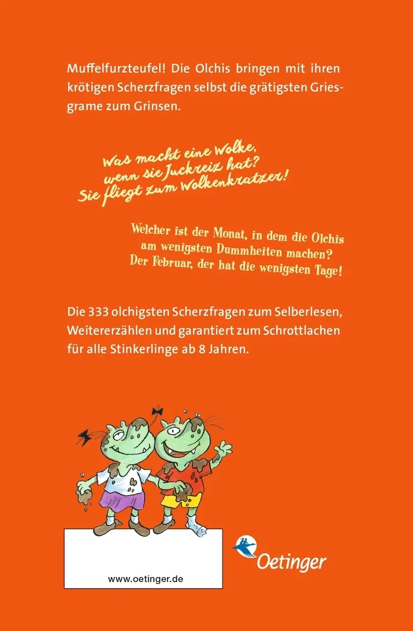Buchrückseite von 'Die Olchis. Die 333 olchigsten Scherzfragen für Stinkerlinge' mit Klappentext - Taschenbuch
