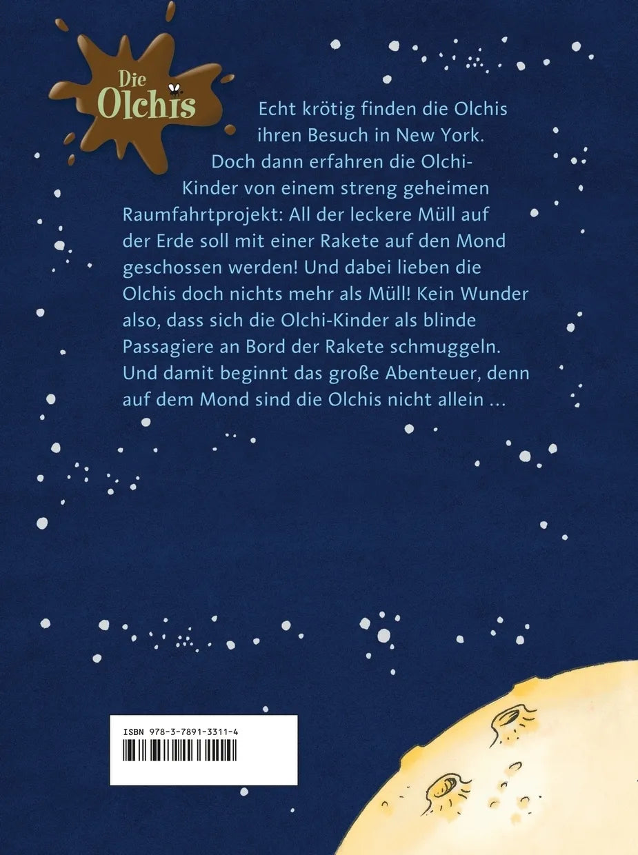 Buchrückseite von 'Die Olchis fliegen zum Mond' mit Klappentext - Gebundene Ausgabe