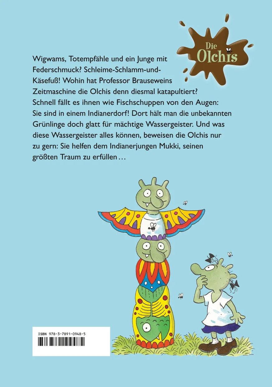 Buchrückseite von 'Die Olchis im Land der Indianer' mit Klappentext - Gebundene Ausgabe