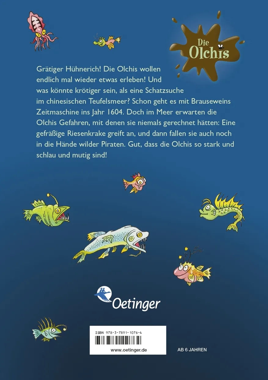 Buchrückseite von 'Die Olchis im Land der Riesenkraken' mit Klappentext - Gebundene Ausgabe