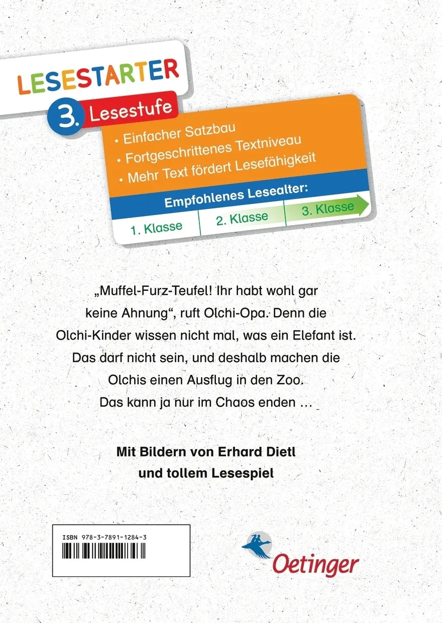 Buchrückseite von 'Die Olchis im Zoo' mit Klappentext - Gebundene Ausgabe