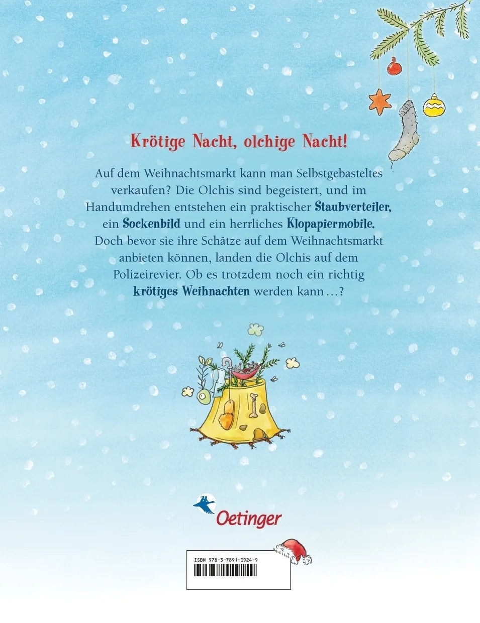 Buchrückseite von 'Die Olchis. Krötige Weihnachten' mit Klappentext - Gebundene Ausgabe