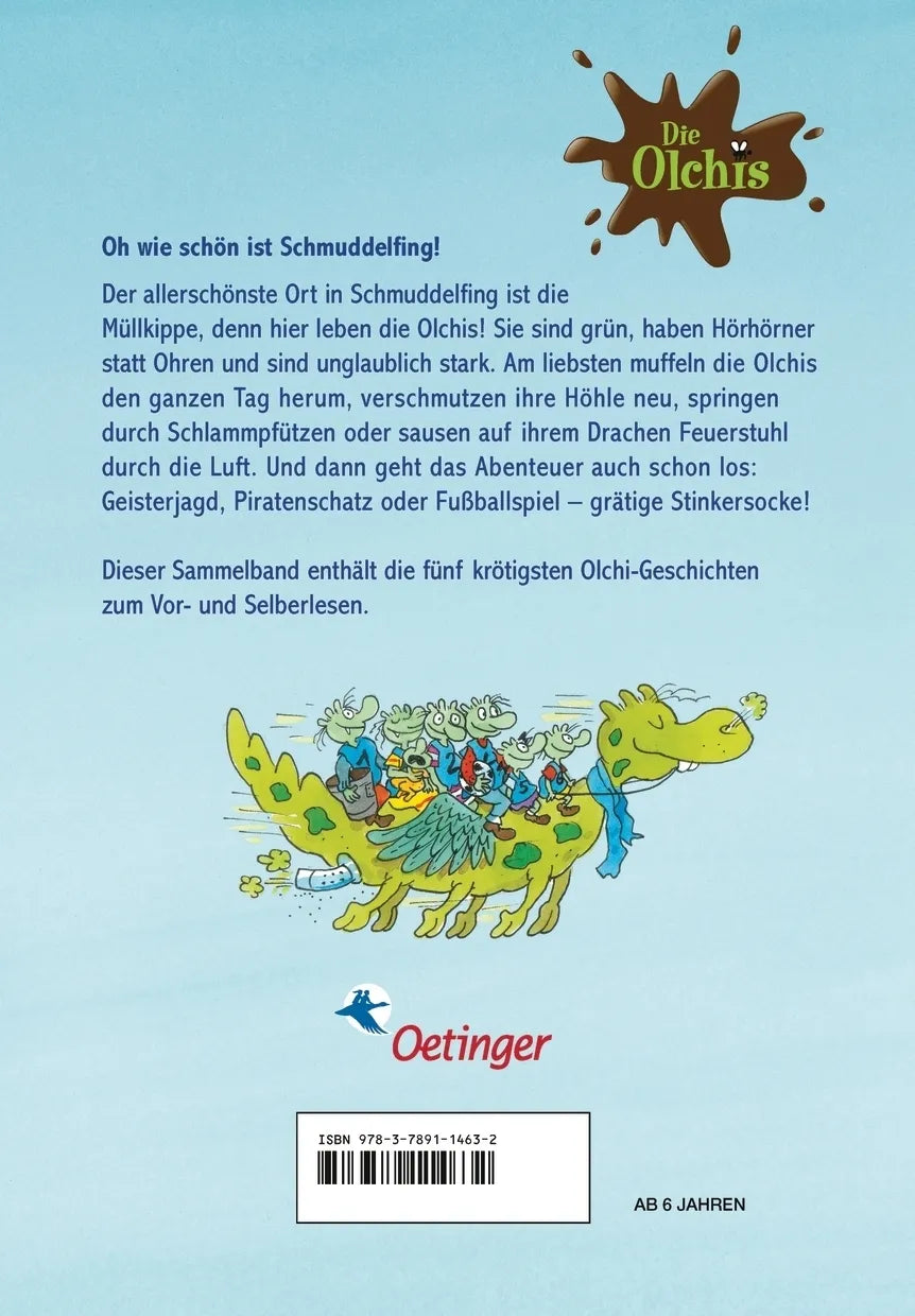 Buchrückseite von 'Die Olchis. Oh, wie schön ist Schmuddelfing' mit Klappentext - Gebundene Ausgabe