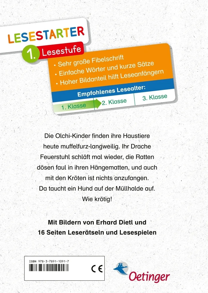 Buchrückseite von 'Die Olchis und der Schmuddel-Hund' mit Klappentext - Gebundene Ausgabe