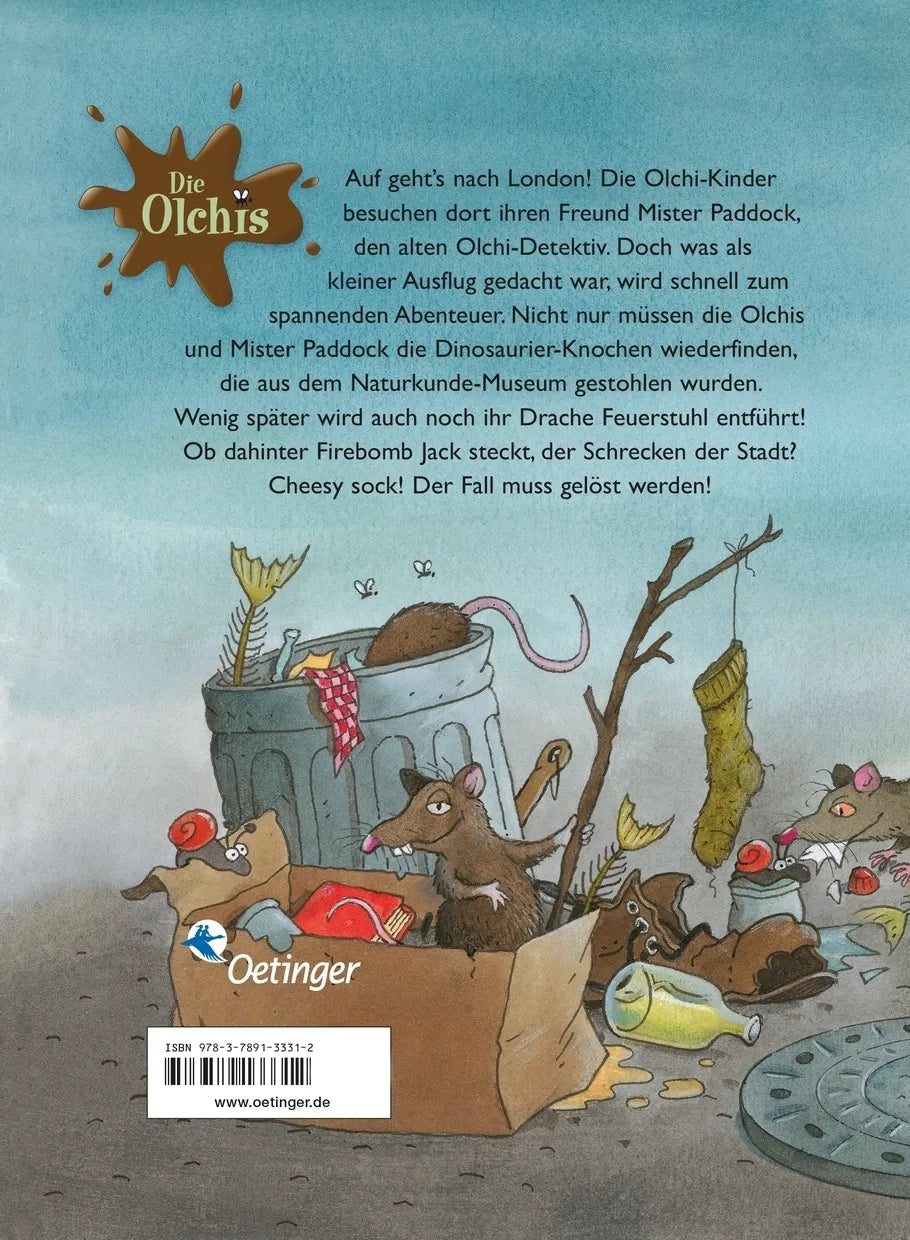 Buchrückseite von 'Die Olchis und die Gully-Detektive von London' mit Klappentext - Gebundene Ausgabe