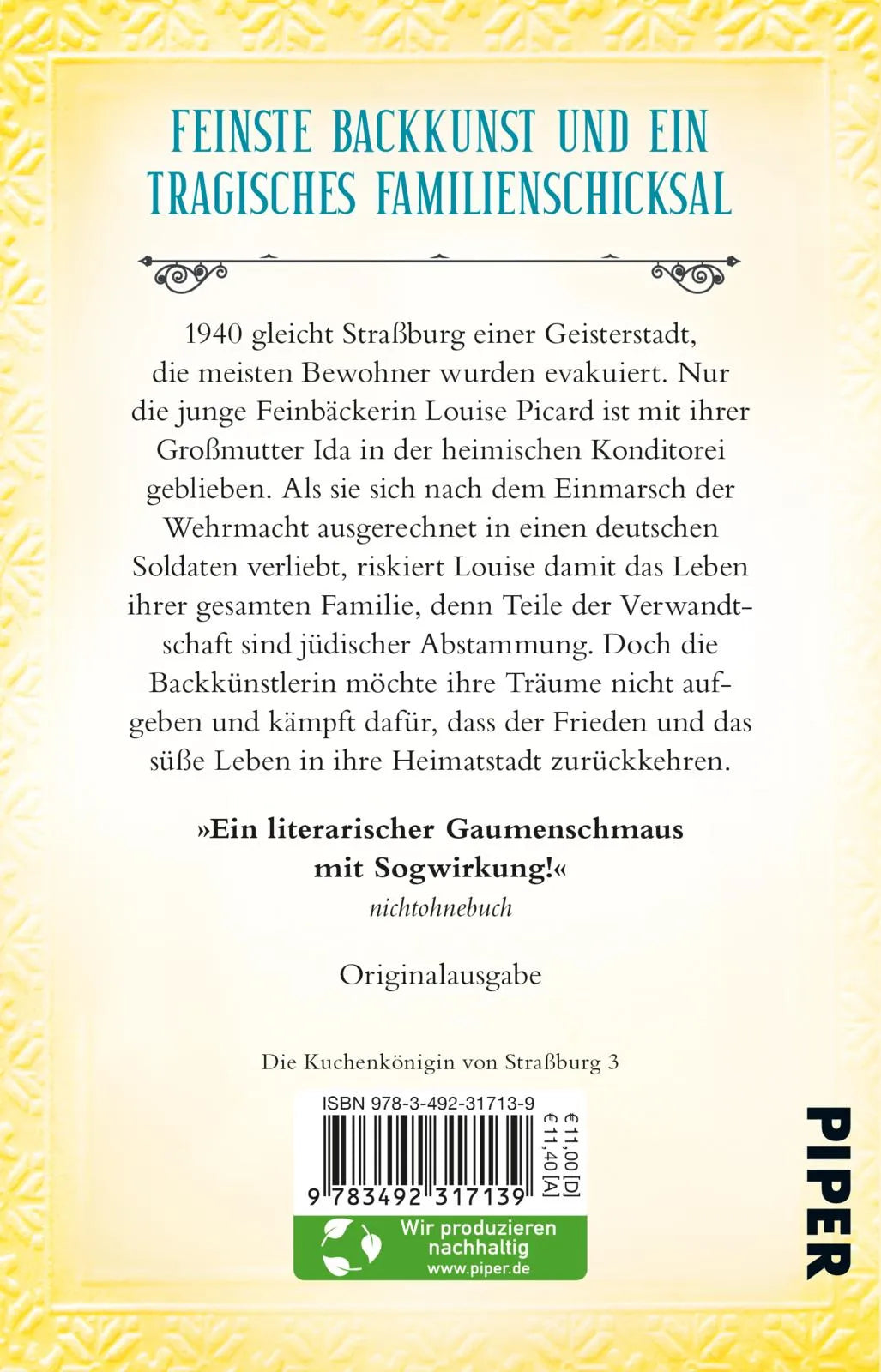 Buchrückseite von 'Die Patisserie am Münsterplatz – Neuanfang' mit Klappentext - Taschenbuch