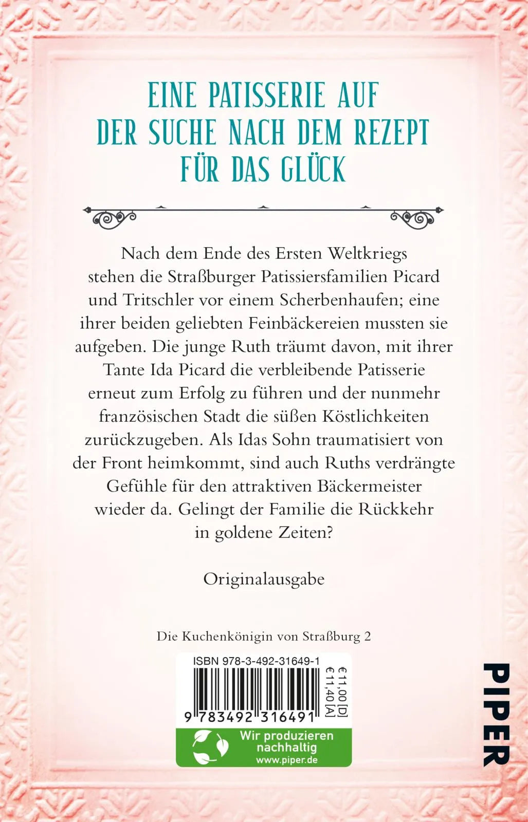 Buchrückseite von 'Die Patisserie am Münsterplatz – Schicksalsjahre' mit Klappentext - Taschenbuch