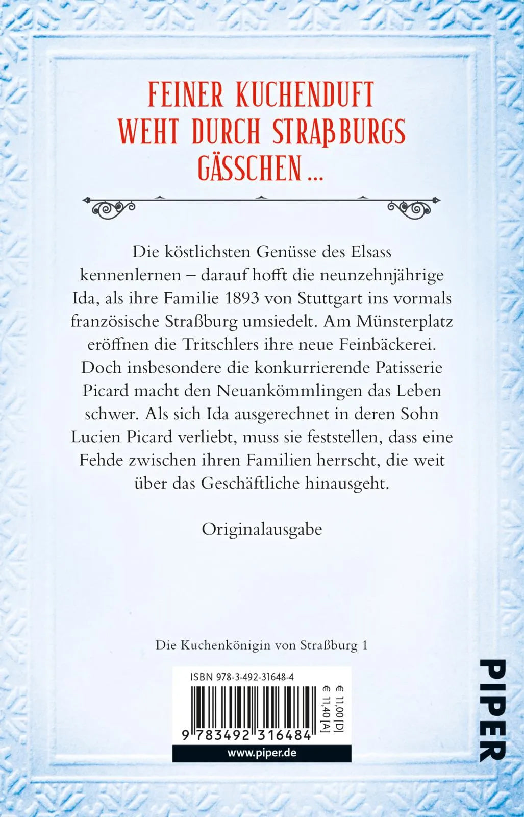 Buchrückseite von 'Die Patisserie am Münsterplatz – Zeitenwandel' mit Klappentext - Taschenbuch