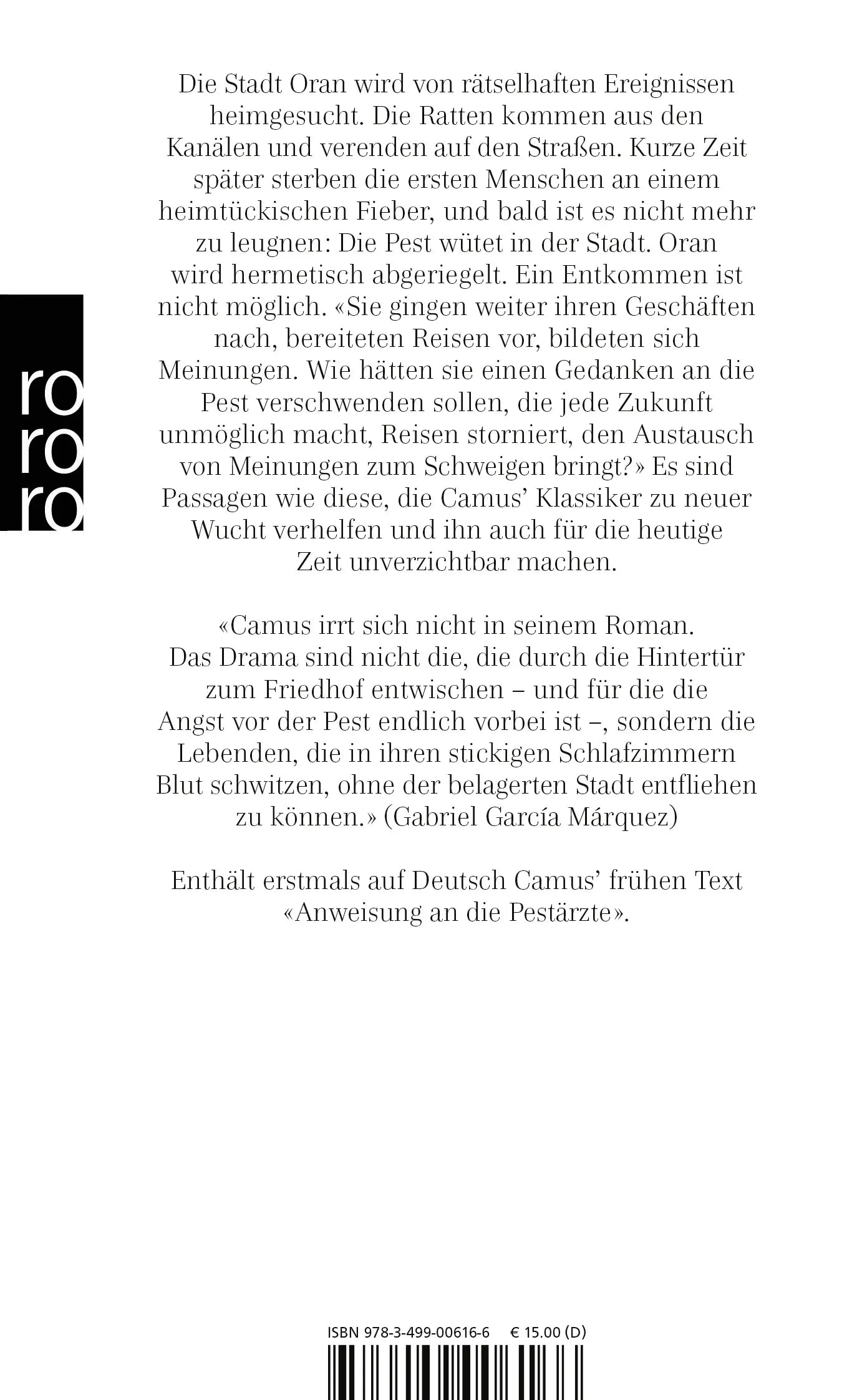 Buchrückseite von 'Die Pest' mit Klappentext - Taschenbuch