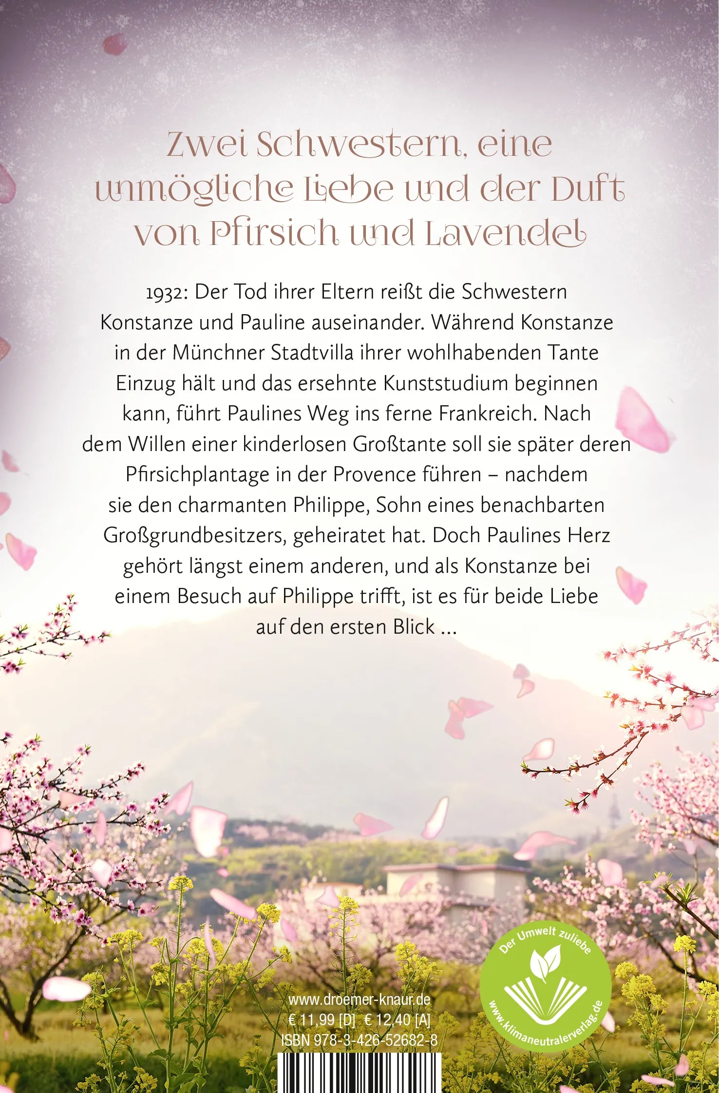 Buchrückseite von 'Die Pfirsichblütenschwestern' mit Klappentext - Taschenbuch