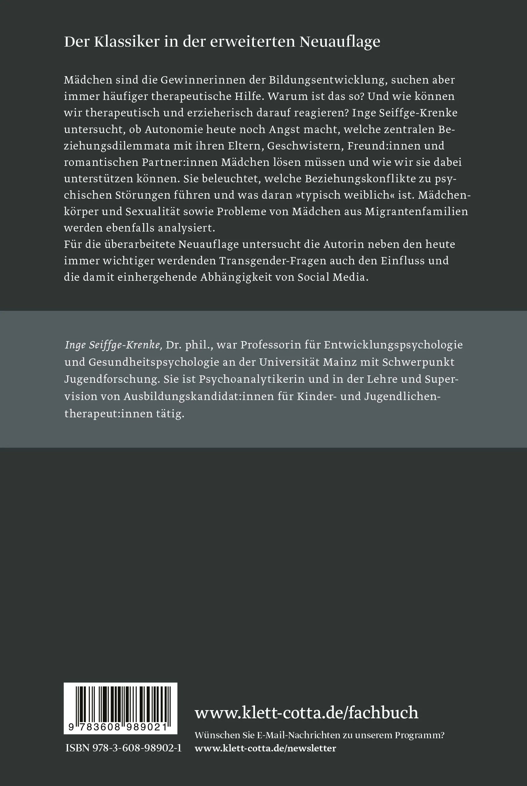 Buchrückseite von 'Die Psychoanalyse des Mädchens' mit Klappentext - Paperback