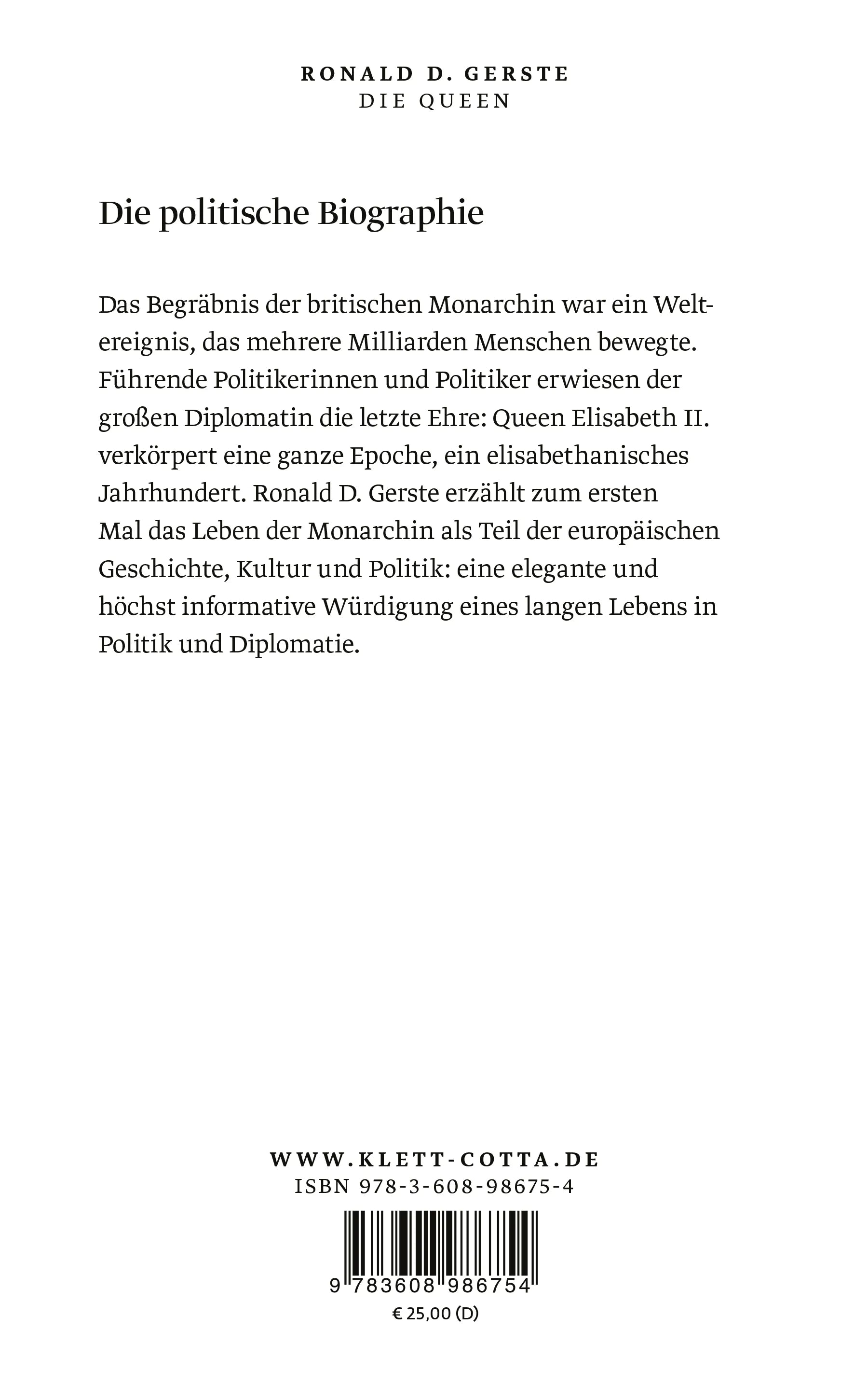 Buchrückseite von 'Die Queen' mit Klappentext - Gebundene Ausgabe