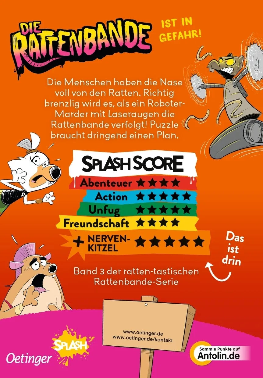 Buchrückseite von 'Die Rattenbande 3. Achtung, Falle!' mit Klappentext - Gebundene Ausgabe