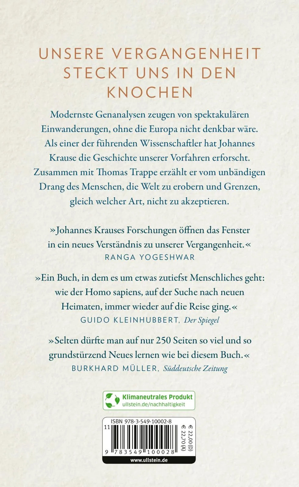 Buchrückseite von 'Die Reise unserer Gene' mit Klappentext - Gebundene Ausgabe