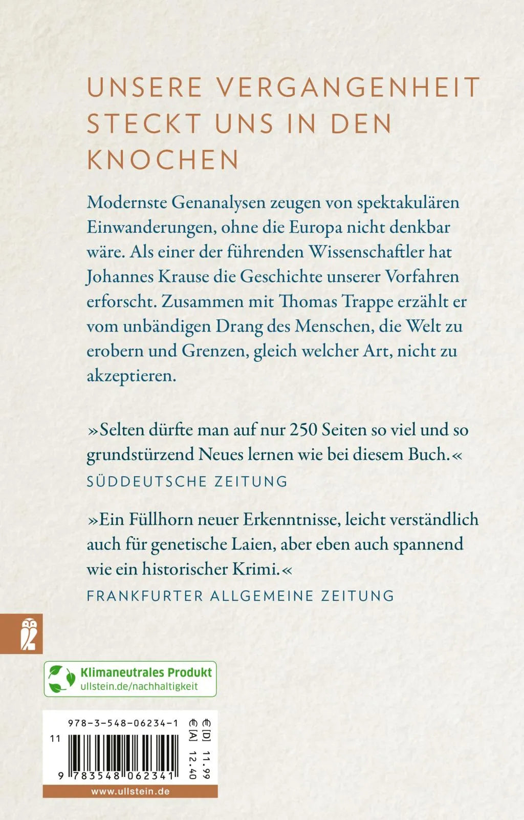 Buchrückseite von 'Die Reise unserer Gene' mit Klappentext - Taschenbuch