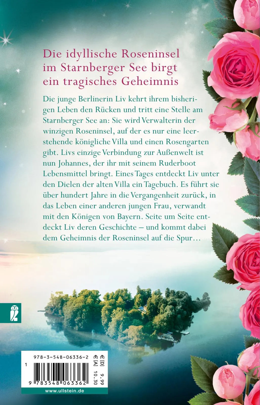 Buchrückseite von 'Die Roseninsel' mit Klappentext - Taschenbuch