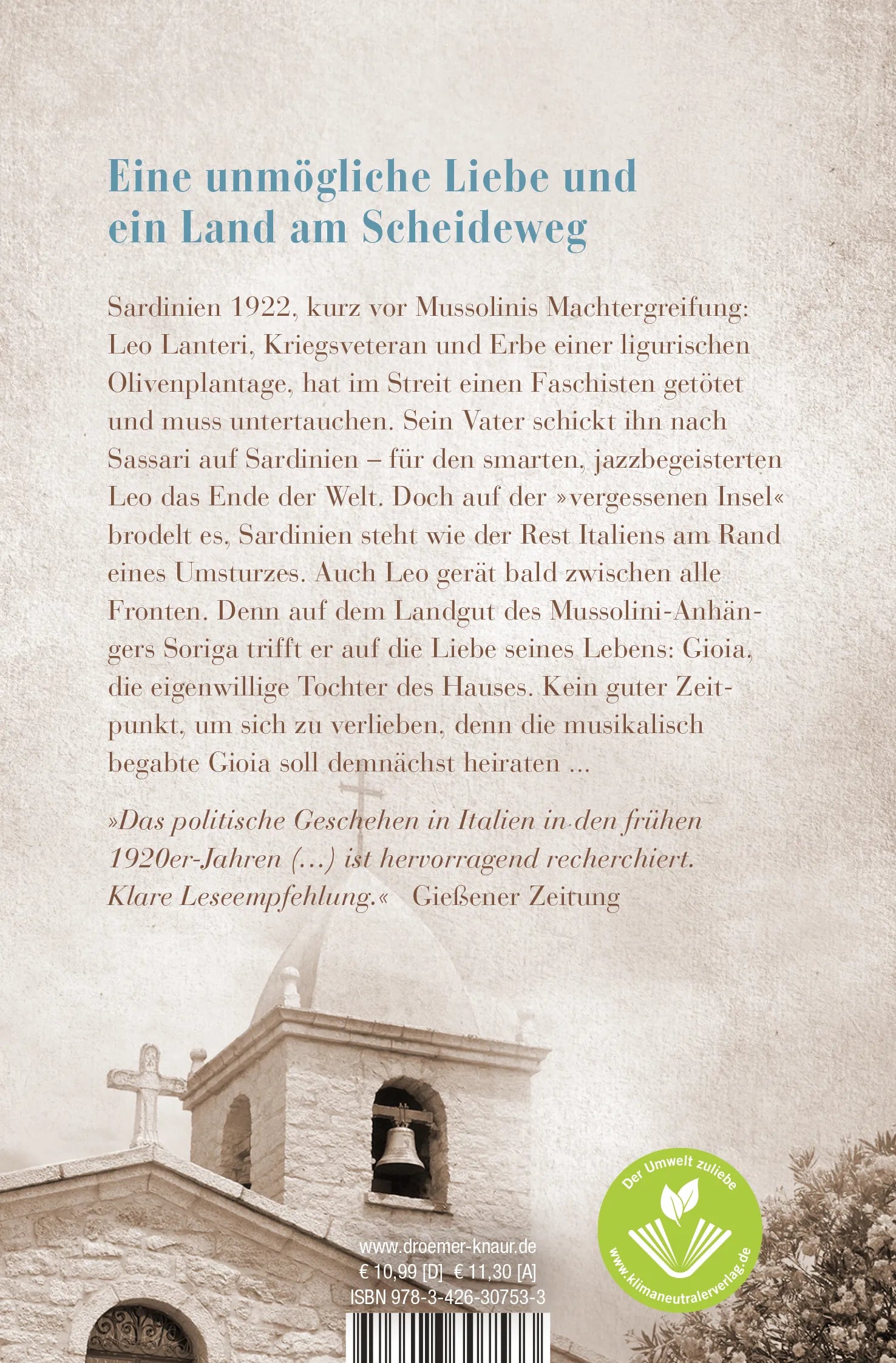 Buchrückseite von 'Die sardische Hochzeit' mit Klappentext - Taschenbuch