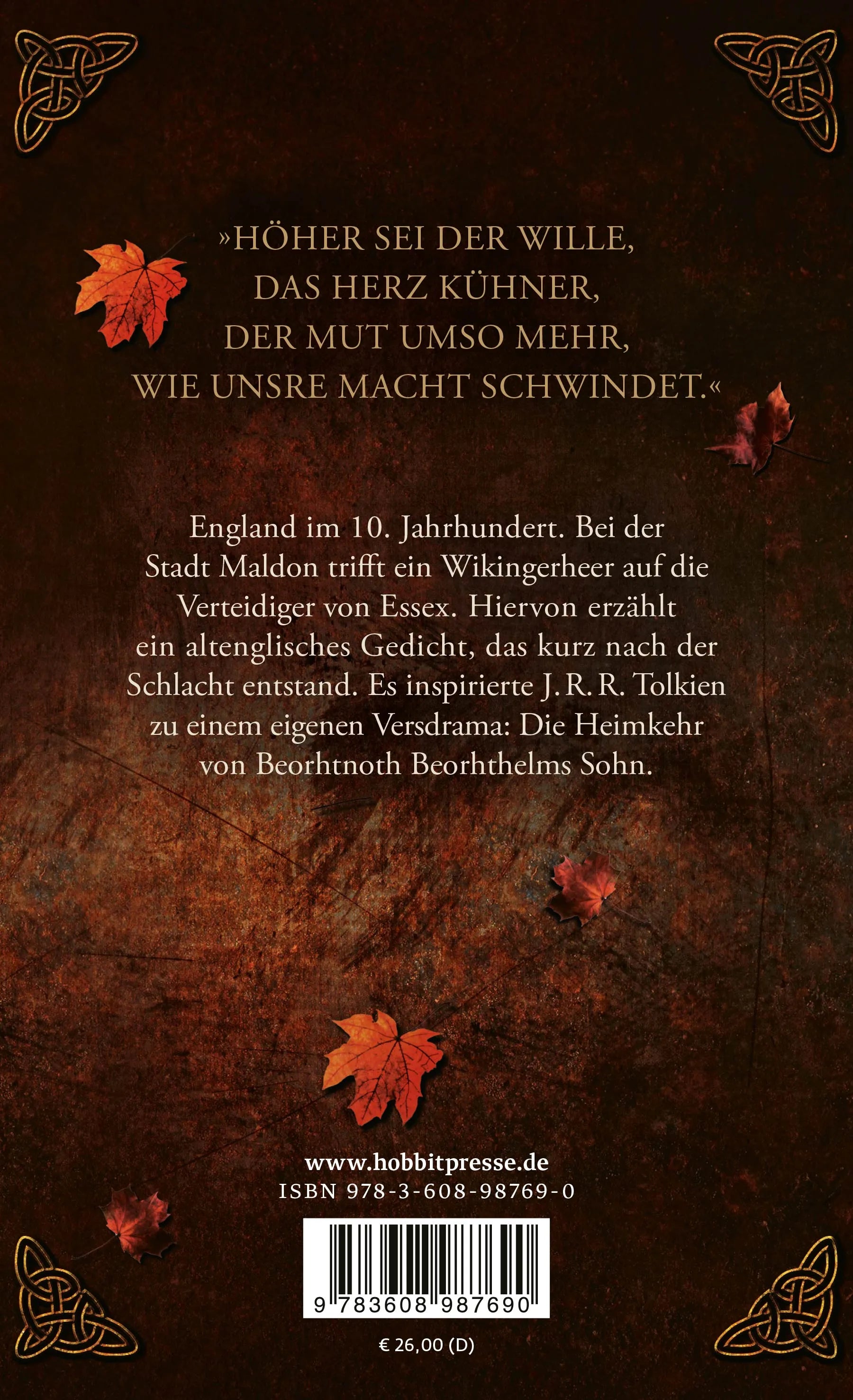 Buchrückseite von 'Die Schlacht von Maldon und Die Heimkehr von Beorhtnoth' mit Klappentext - Gebundene Ausgabe