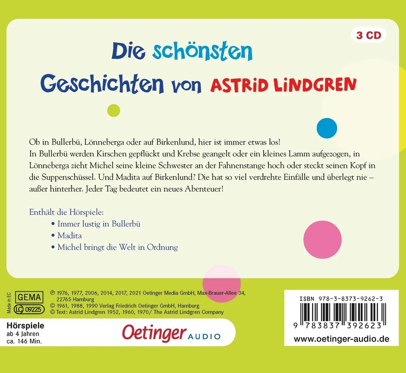 Buchrückseite von 'Die schönsten Geschichten von Astrid Lindgren 1' mit Klappentext - Hörbuch (CD)