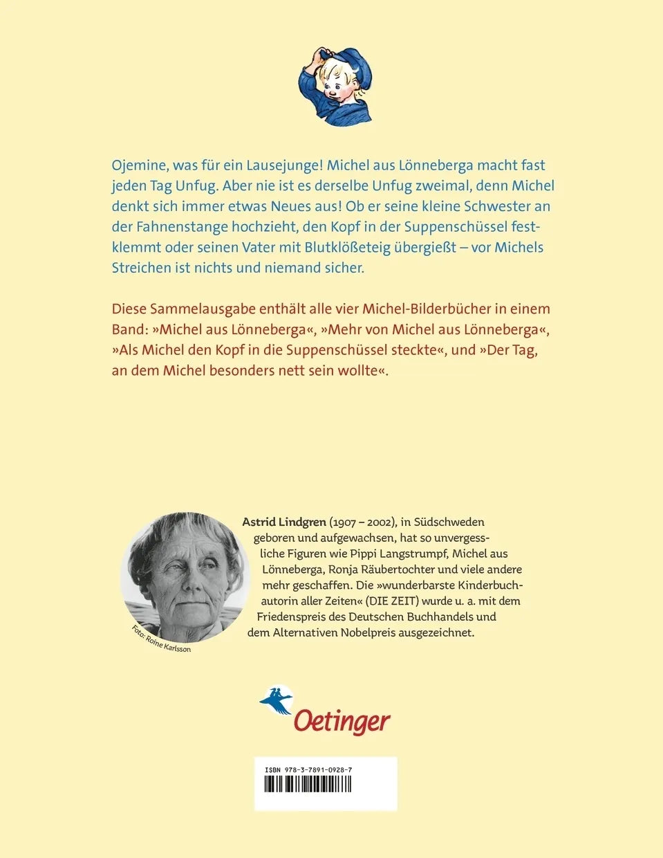 Buchrückseite von 'Die schönsten Geschichten von Michel aus Lönneberga' mit Klappentext - Gebundene Ausgabe