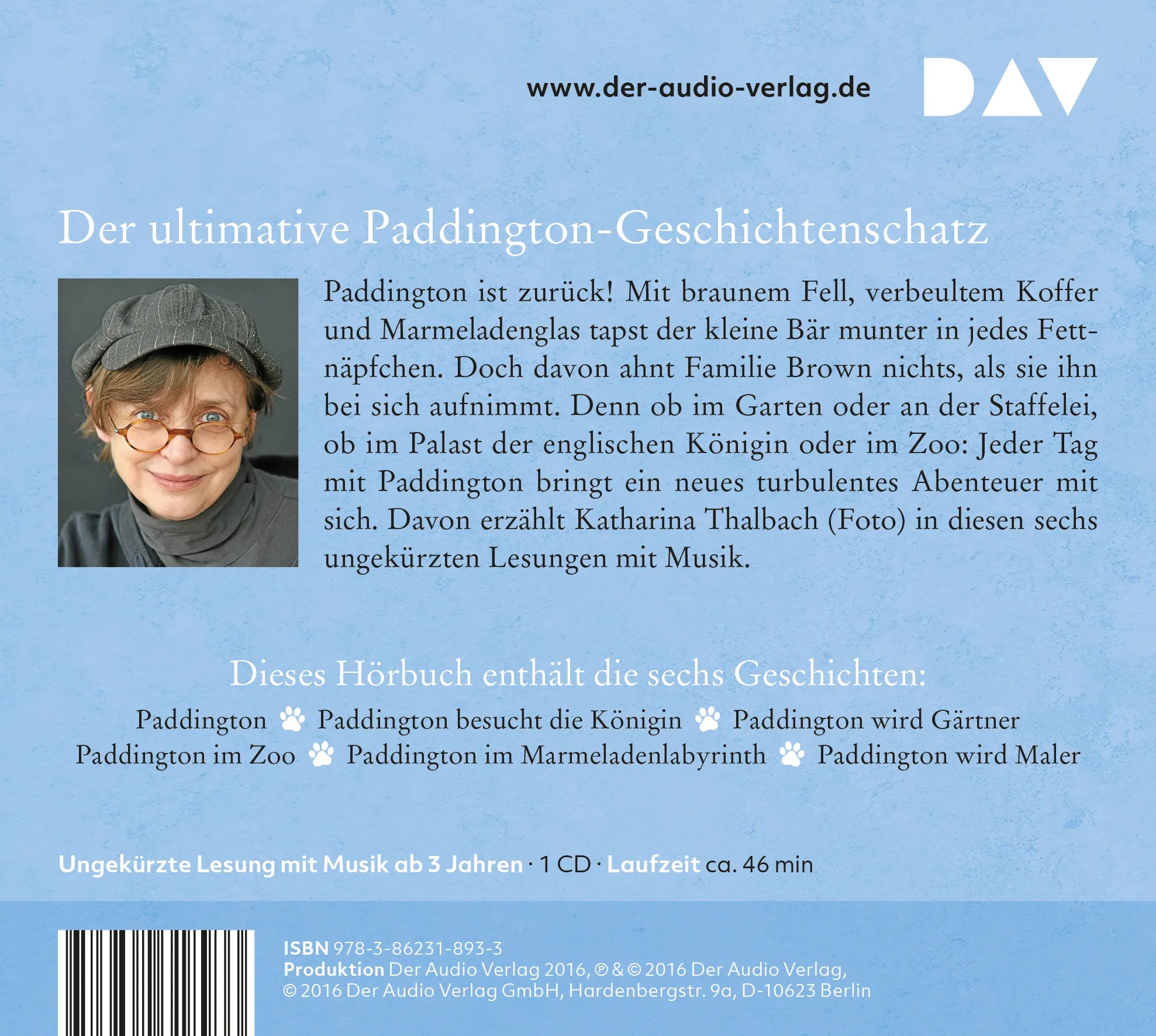 Buchrückseite von 'Die schönsten Geschichten von Paddington – Sechs Hörbuchabenteuer' mit Klappentext - Hörbuch (CD)