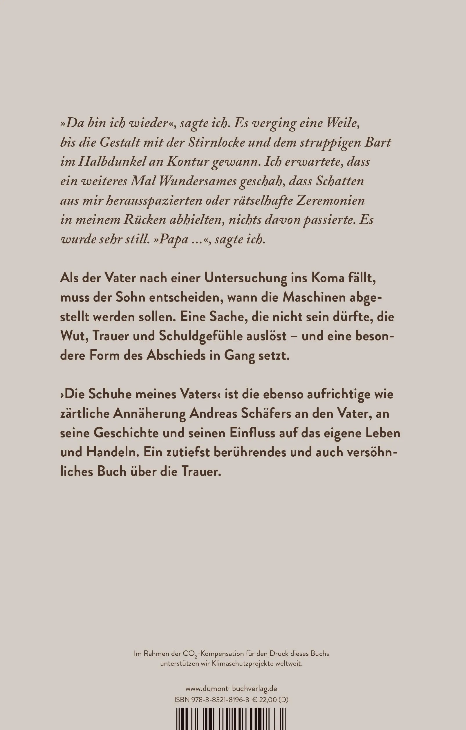 Buchrückseite von 'Die Schuhe meines Vaters' mit Klappentext - Gebundene Ausgabe
