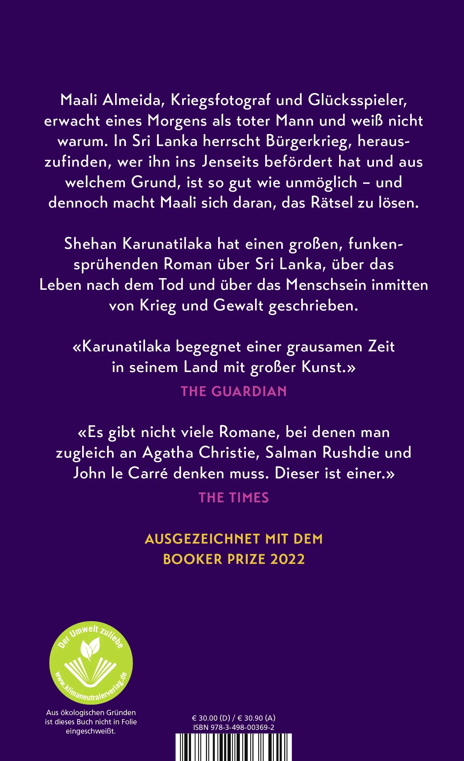 Buchrückseite von 'Die sieben Monde des Maali Almeida' mit Klappentext - Gebundene Ausgabe