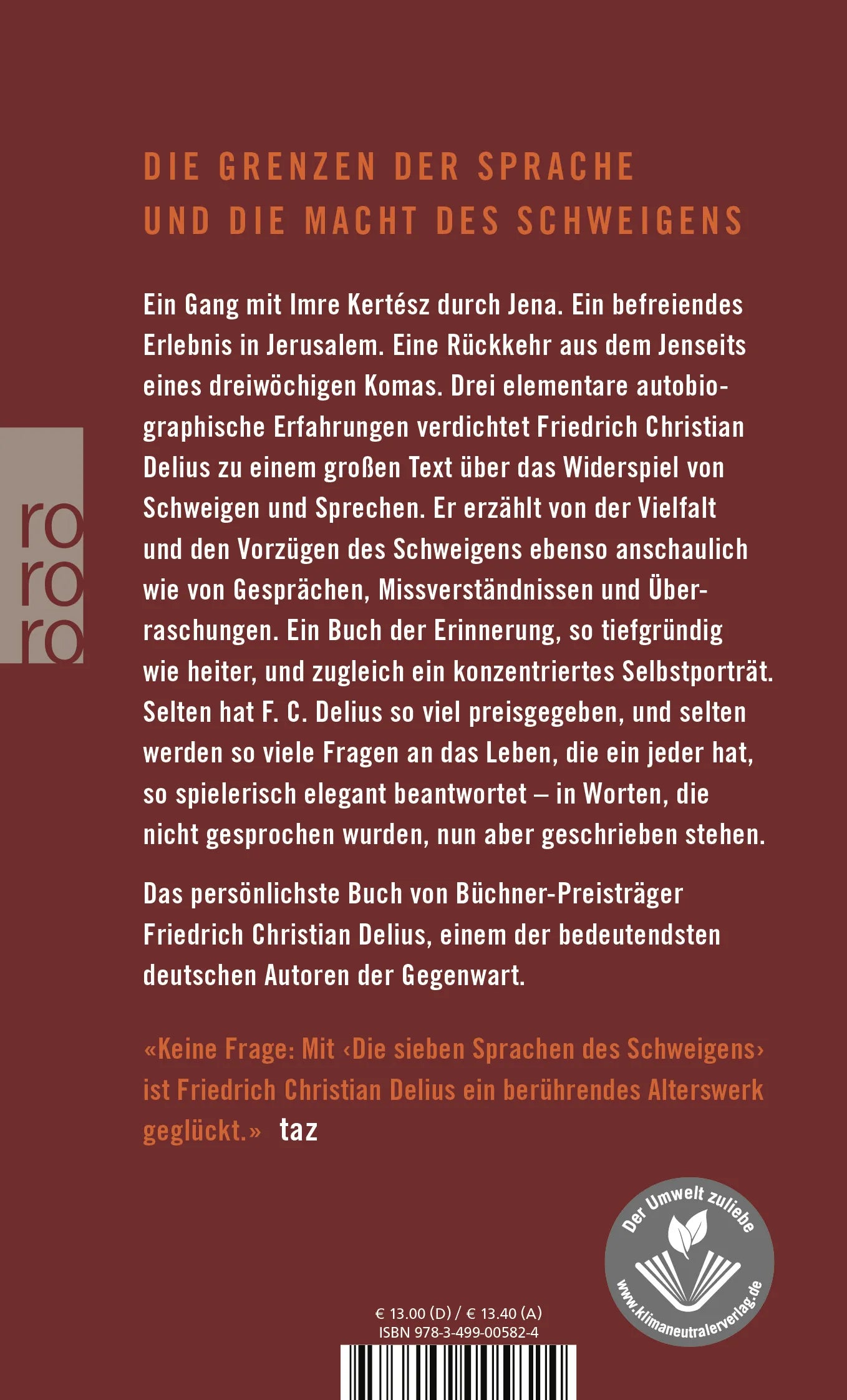 Buchrückseite von 'Die sieben Sprachen des Schweigens' mit Klappentext - Taschenbuch