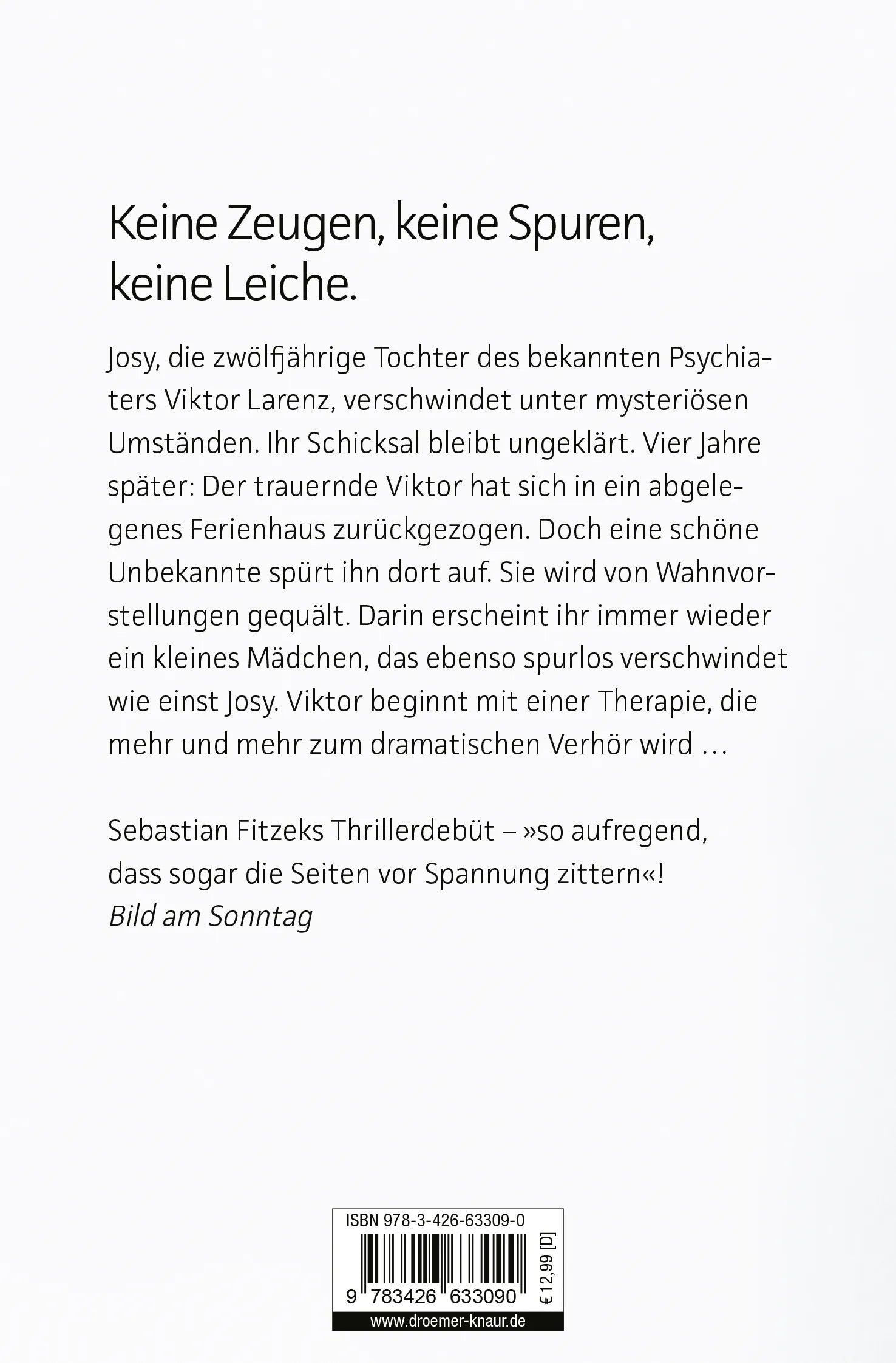Buchrückseite von 'Die Therapie' mit Klappentext - Taschenbuch