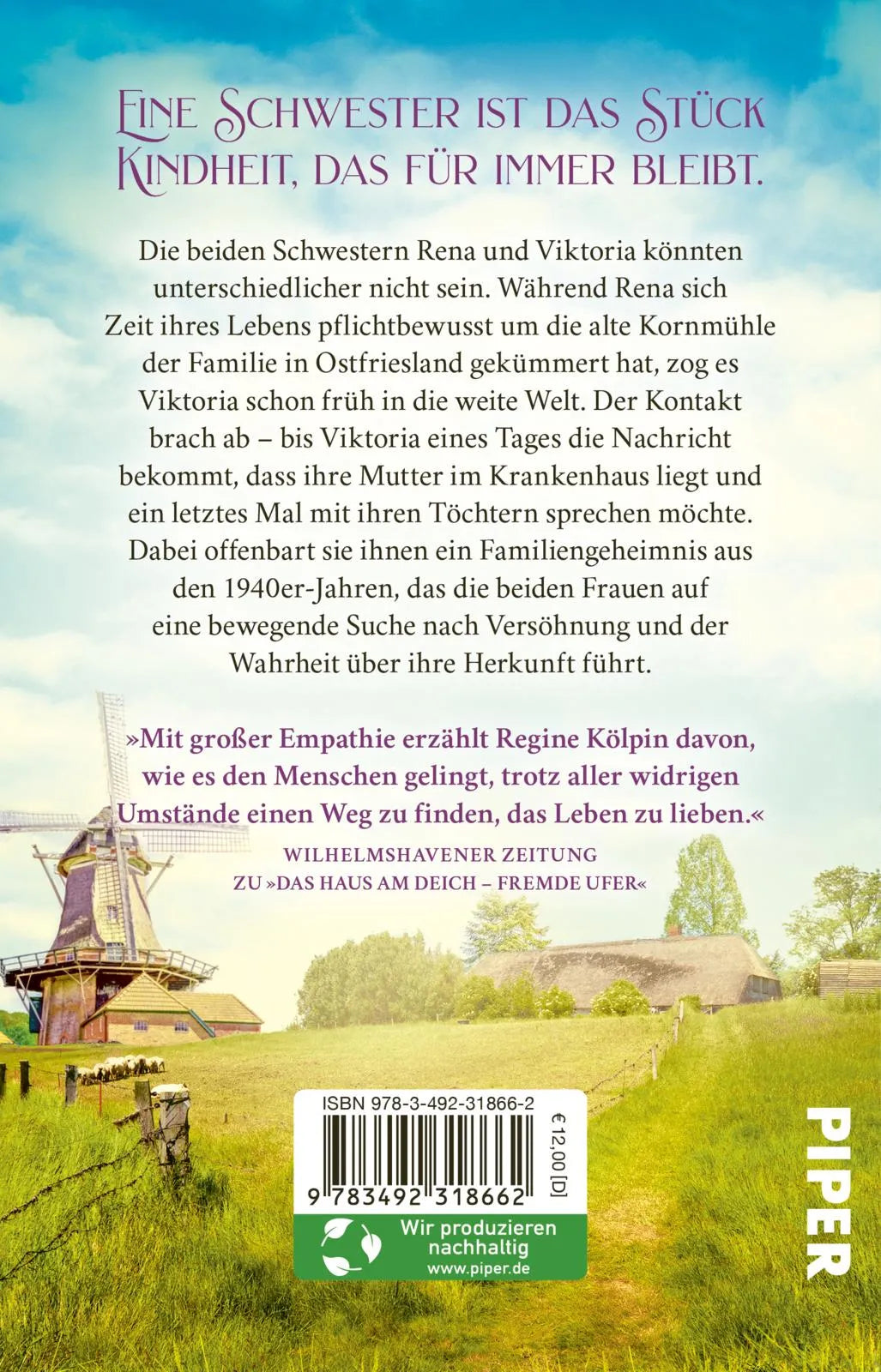 Buchrückseite von 'Die Töchter der Kornmühle' mit Klappentext - Taschenbuch