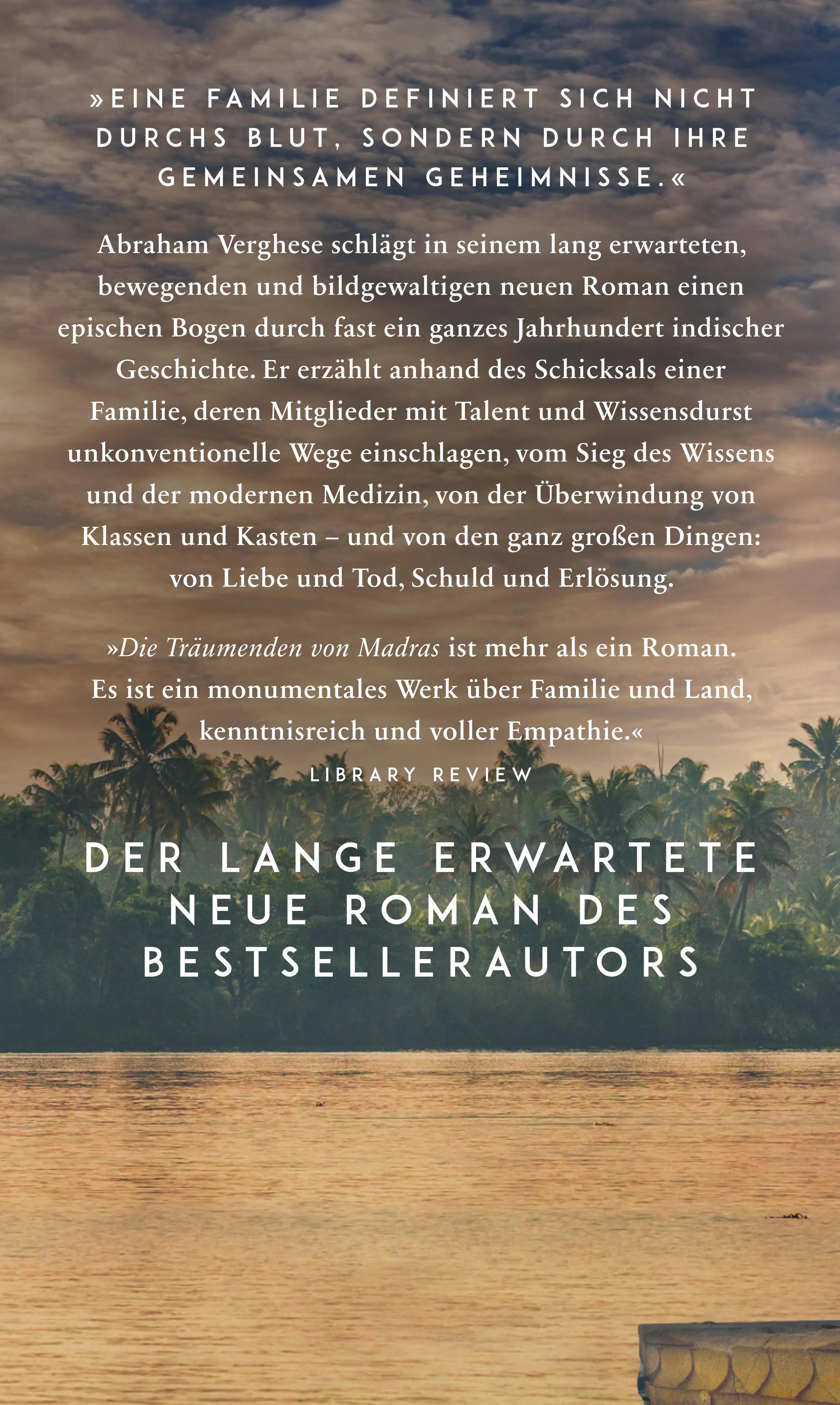 Buchrückseite von 'Die Träumenden von Madras' mit Klappentext - Gebundene Ausgabe