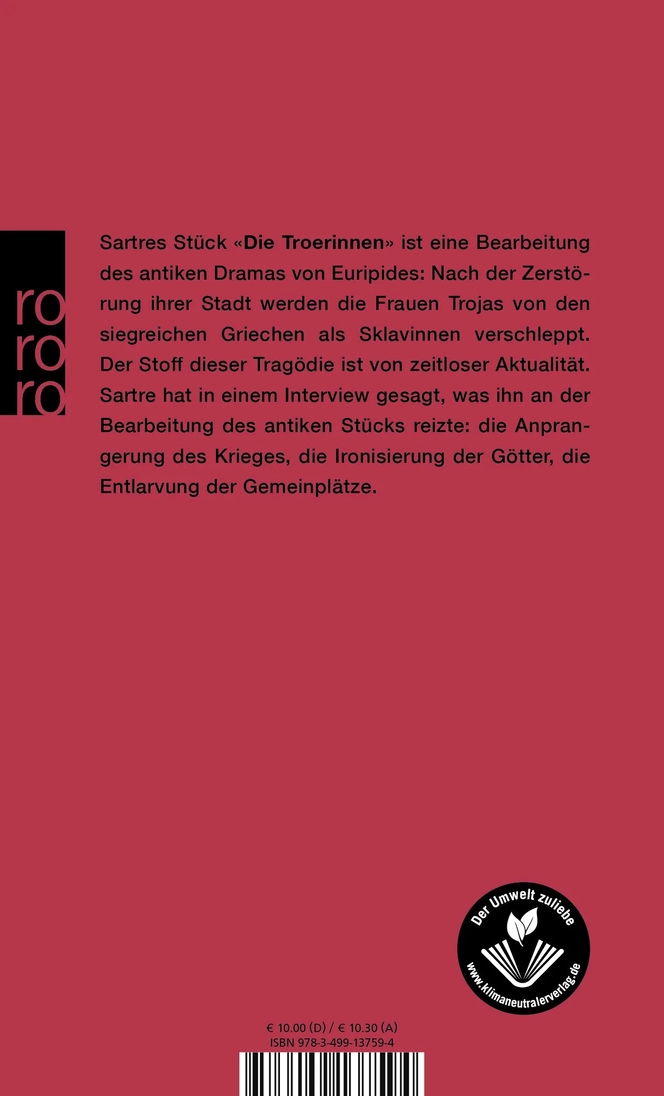 Buchrückseite von 'Die Troerinnen des Euripides' mit Klappentext - Taschenbuch