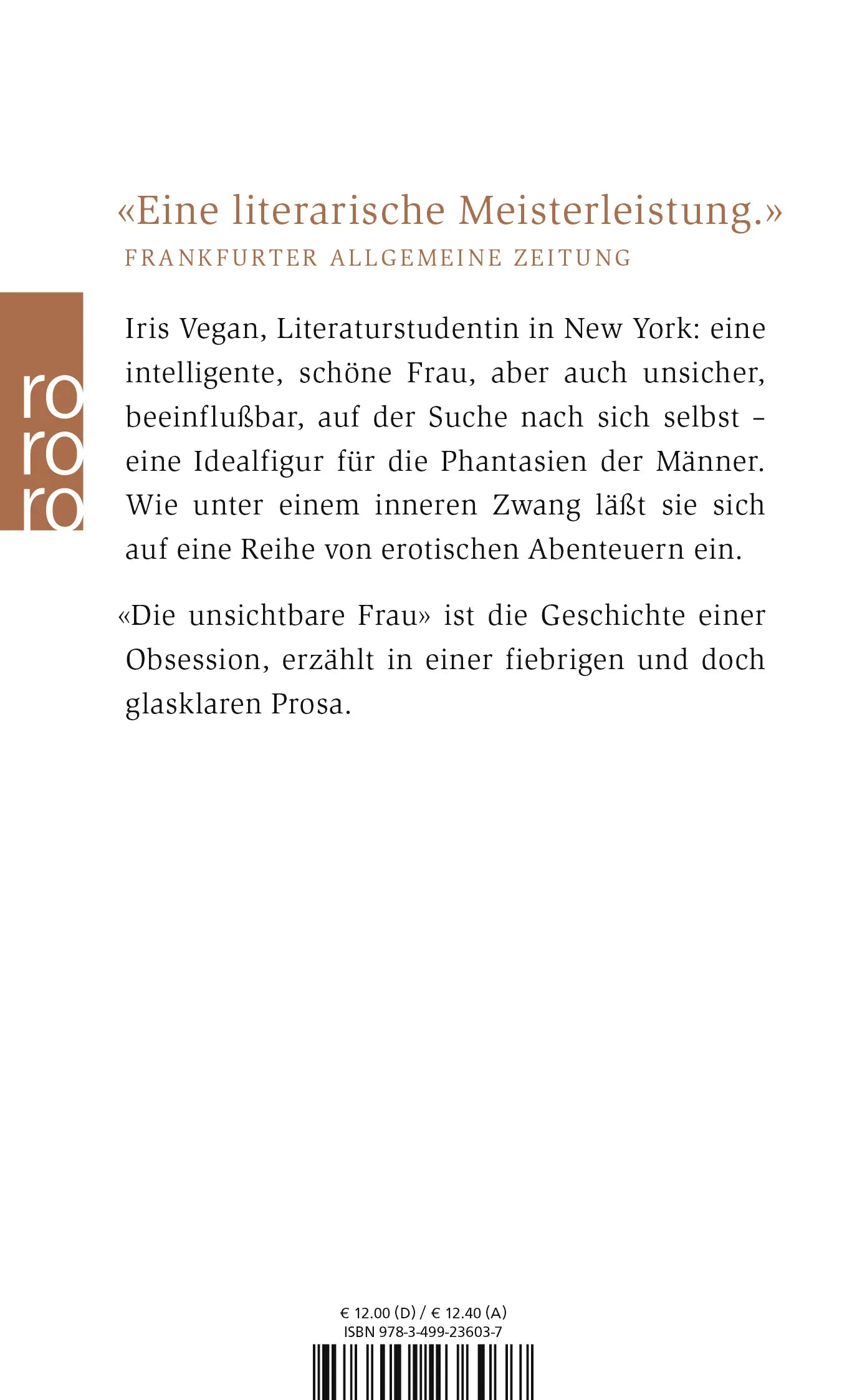 Buchrückseite von 'Die unsichtbare Frau' mit Klappentext - Taschenbuch
