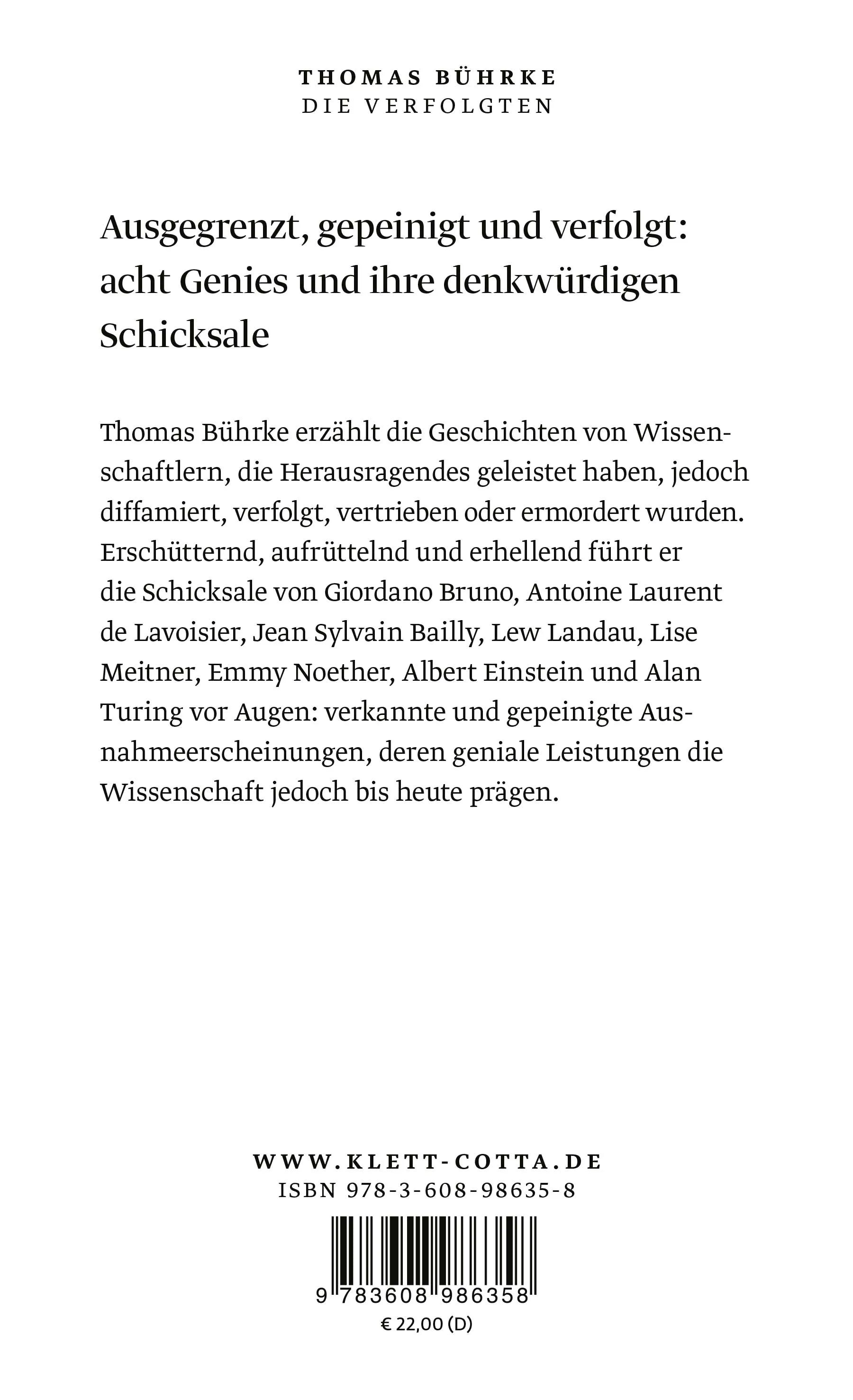 Buchrückseite von 'Die Verfolgten' mit Klappentext - Gebundene Ausgabe