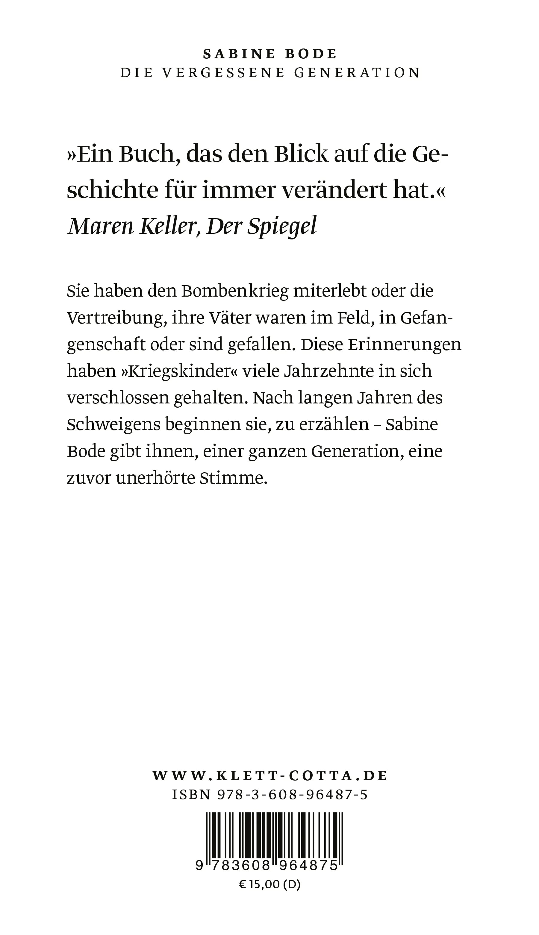 Buchrückseite von 'Die vergessene Generation' mit Klappentext - Gebundene Ausgabe
