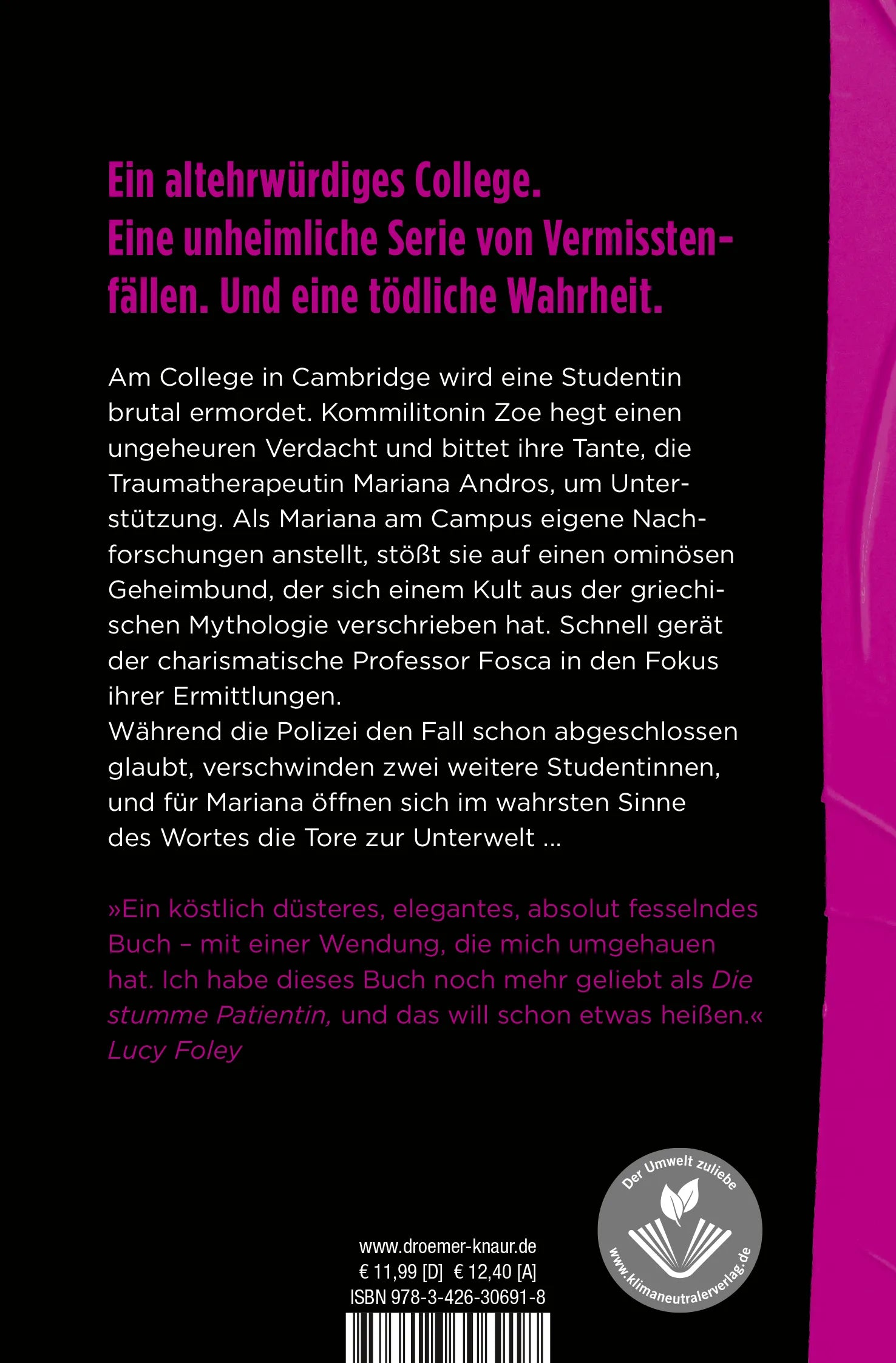 Buchrückseite von 'Die verschwundenen Studentinnen' mit Klappentext - Taschenbuch