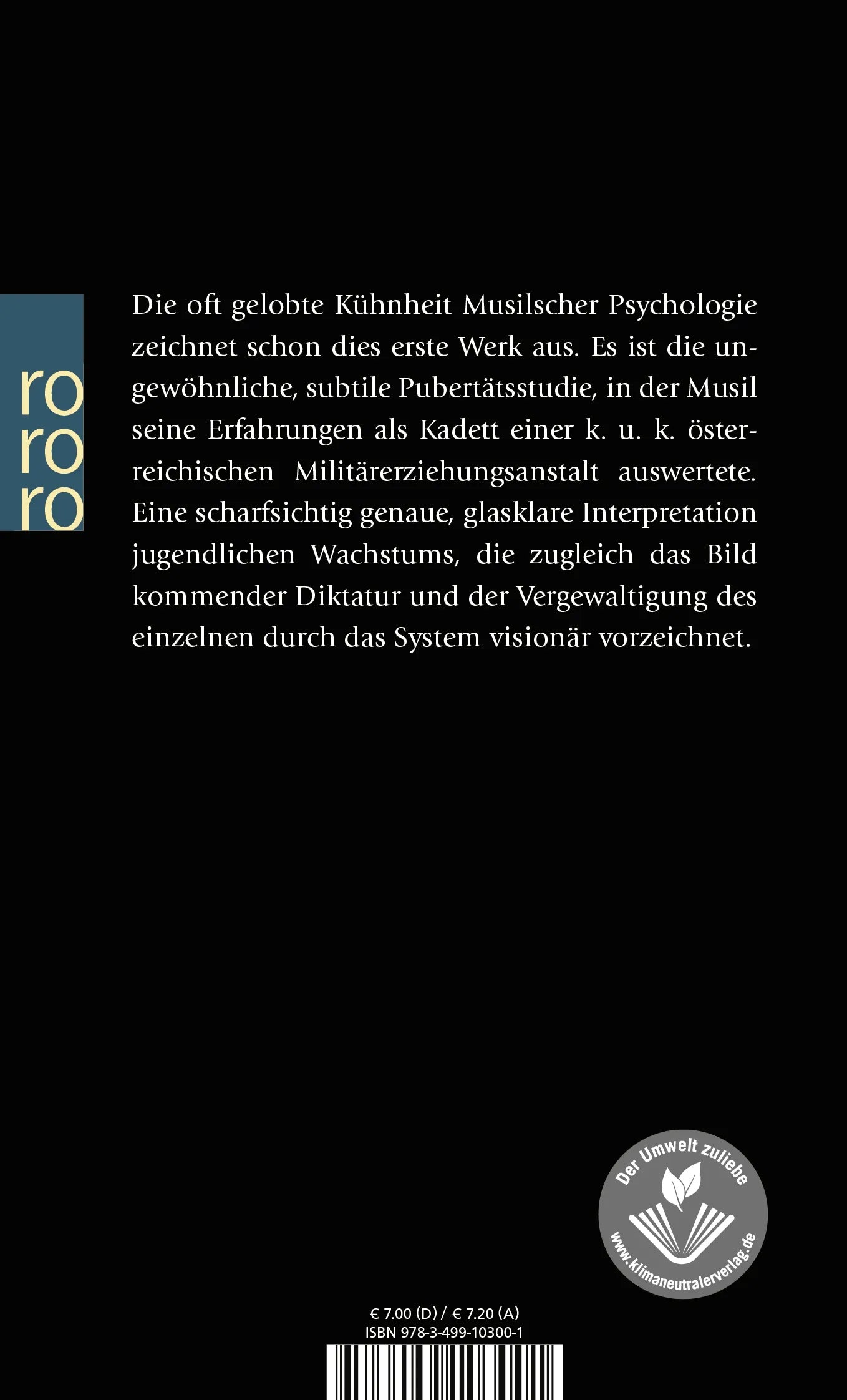 Buchrückseite von 'Die Verwirrungen des Zöglings Törleß' mit Klappentext - Taschenbuch