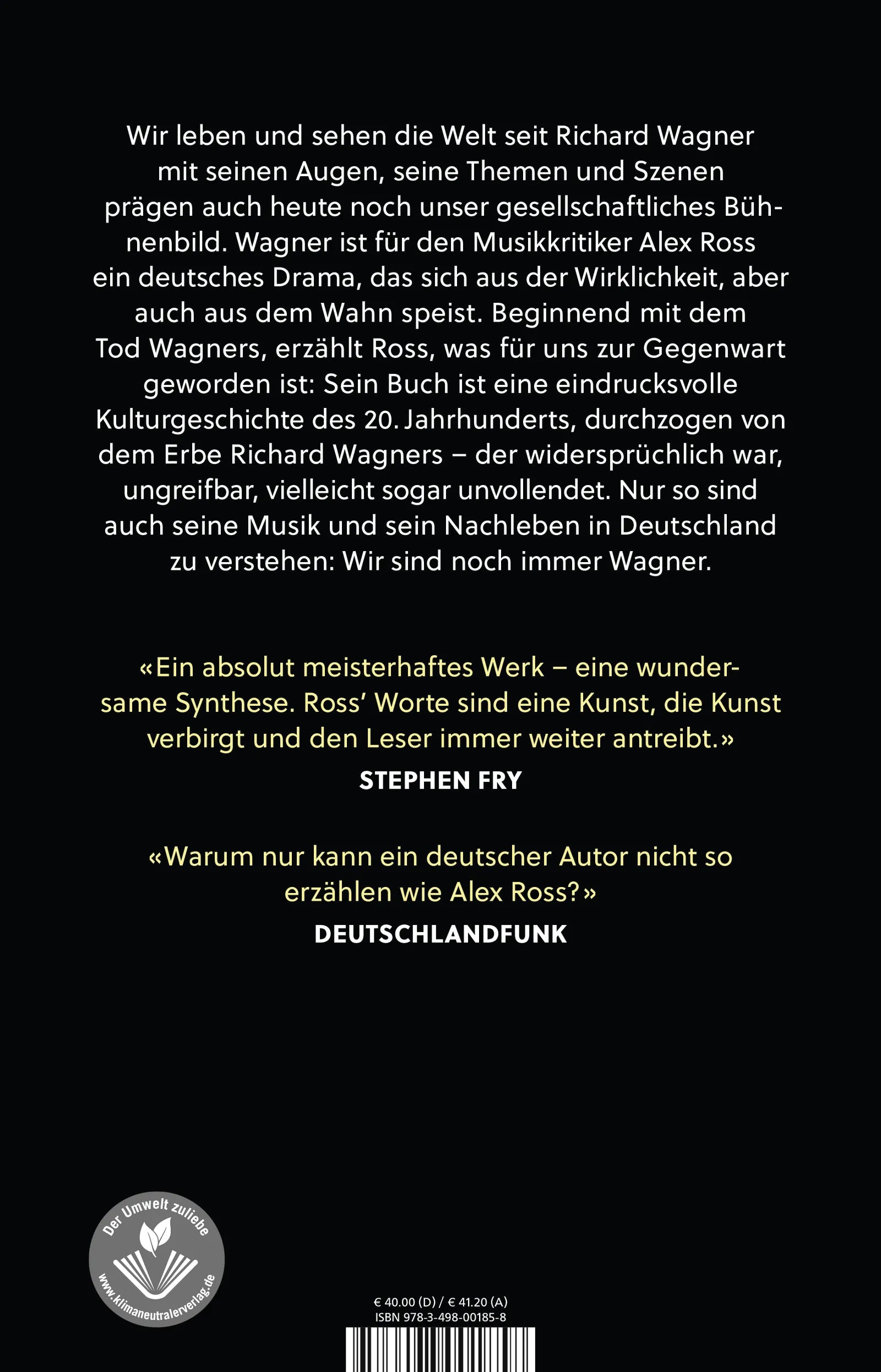 Buchrückseite von 'Die Welt nach Wagner' mit Klappentext - Gebundene Ausgabe