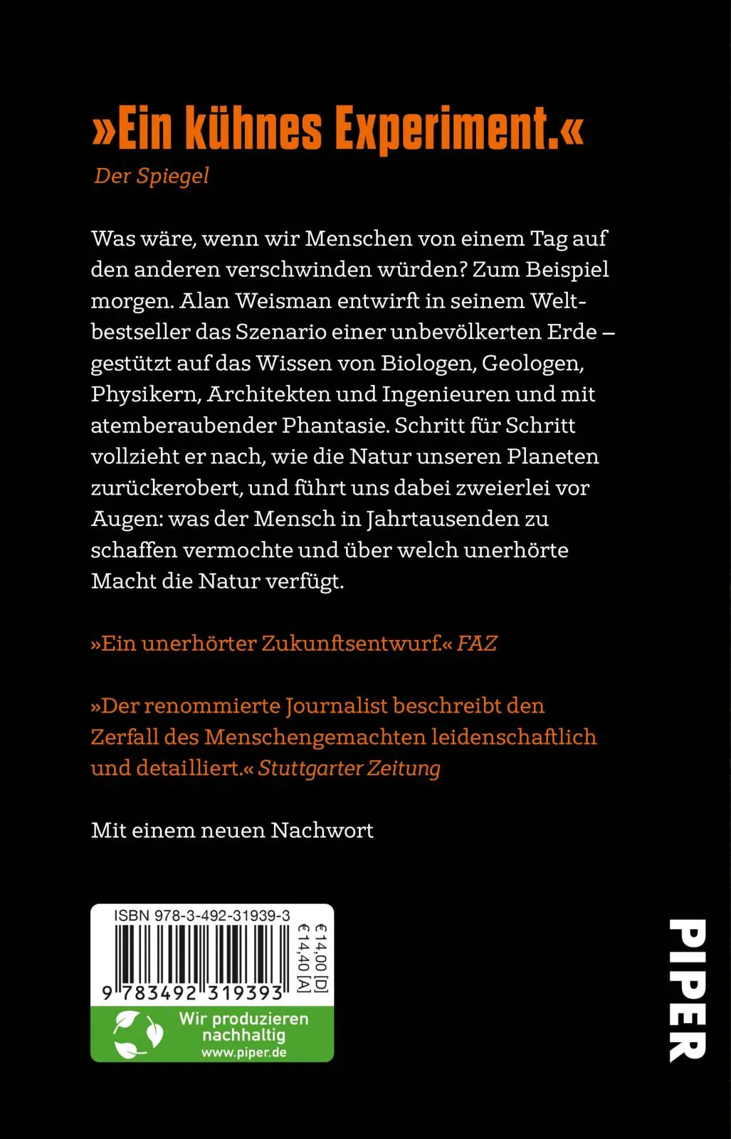 Buchrückseite von 'Die Welt ohne uns' mit Klappentext - Taschenbuch