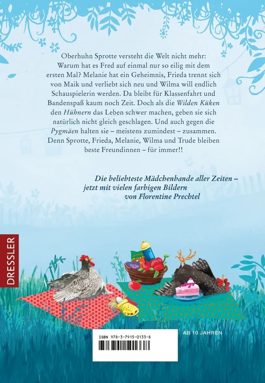 Buchrückseite von 'Die Wilden Hühner 6. Cornelia Funkes Die Wilden Hühner und das Leben' mit Klappentext - Gebundene Ausgabe