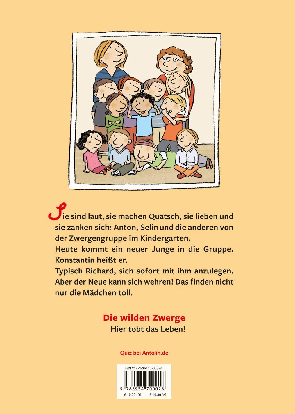 Buchrückseite von 'Die wilden Zwerge - Der Neue' mit Klappentext - Gebundene Ausgabe