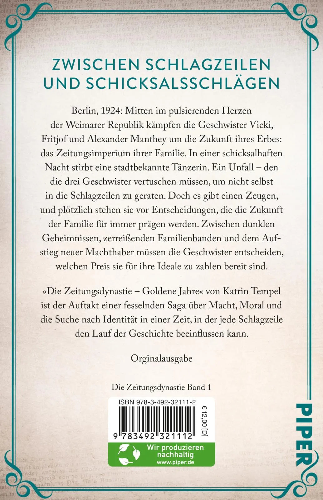 Buchrückseite von 'Die Zeitungsdynastie – Goldene Jahre' mit Klappentext - Taschenbuch