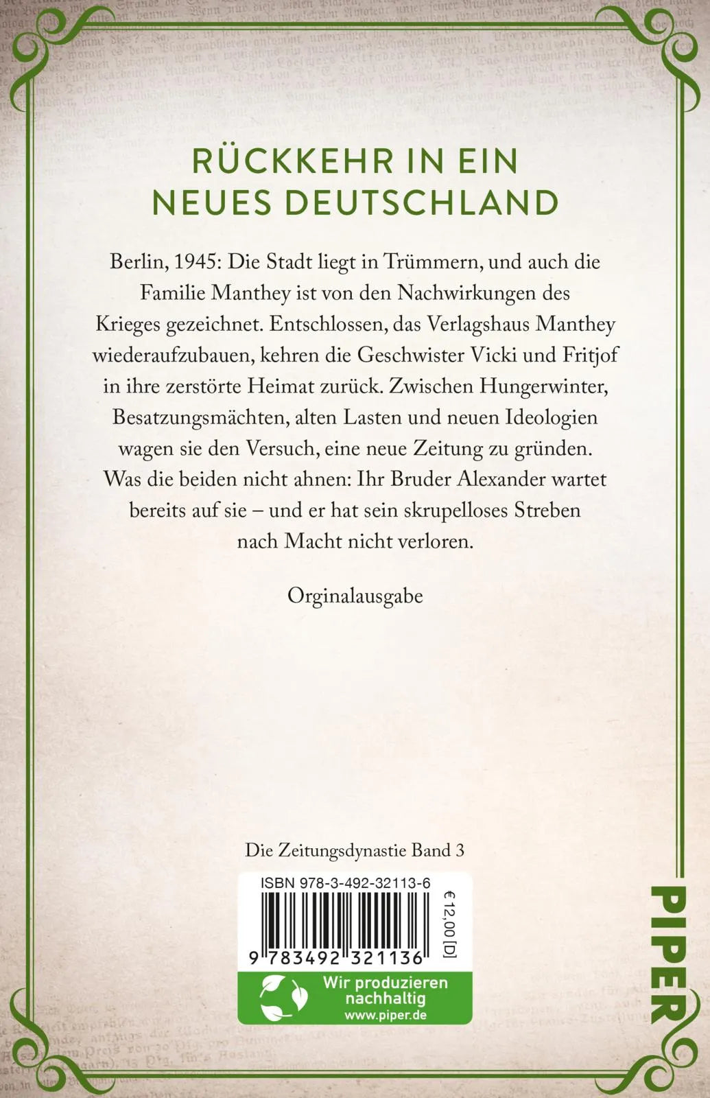 Buchrückseite von 'Die Zeitungsdynastie – Neue Freiheit' mit Klappentext - Taschenbuch