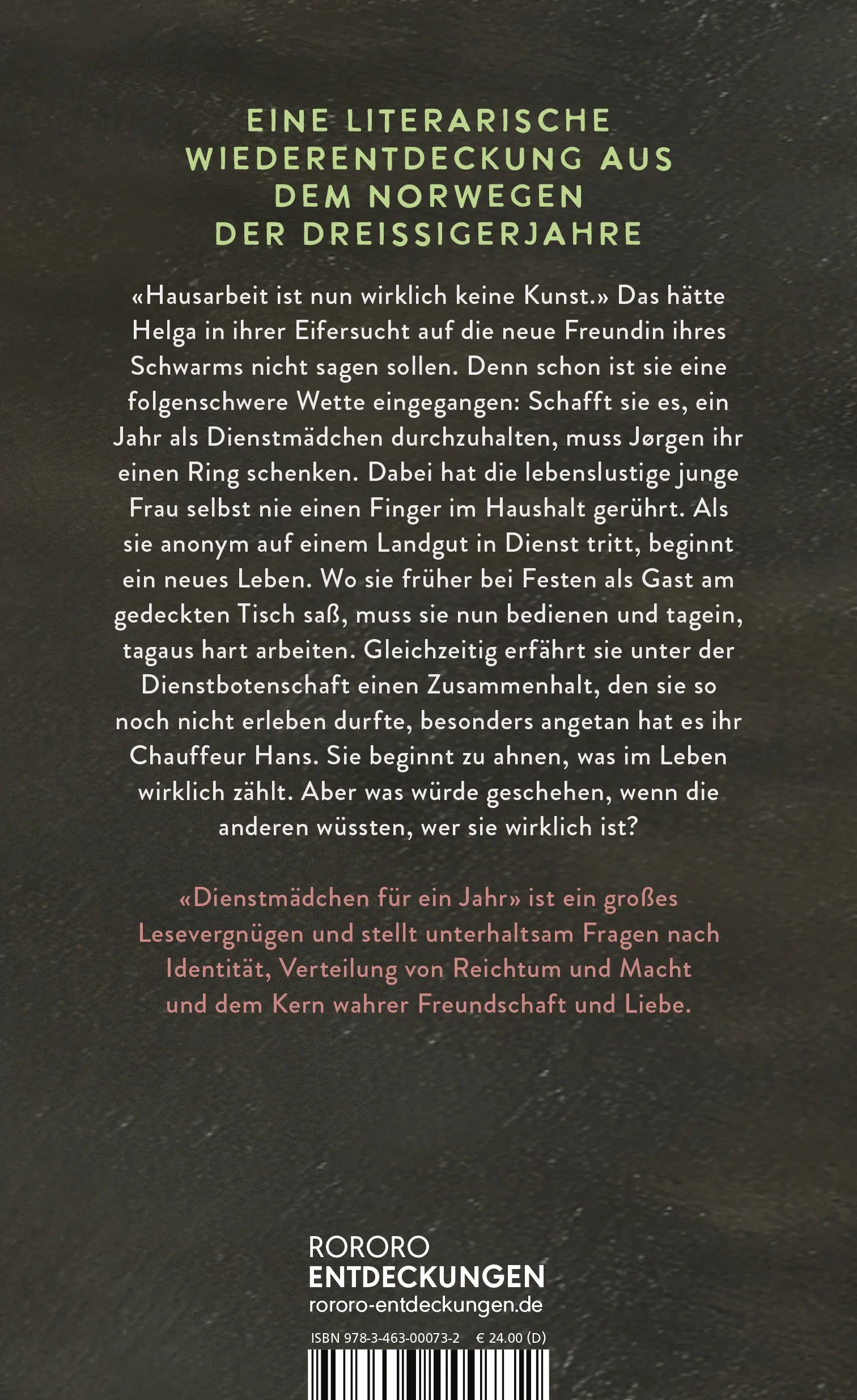 Buchrückseite von 'Dienstmädchen für ein Jahr' mit Klappentext - Gebundene Ausgabe