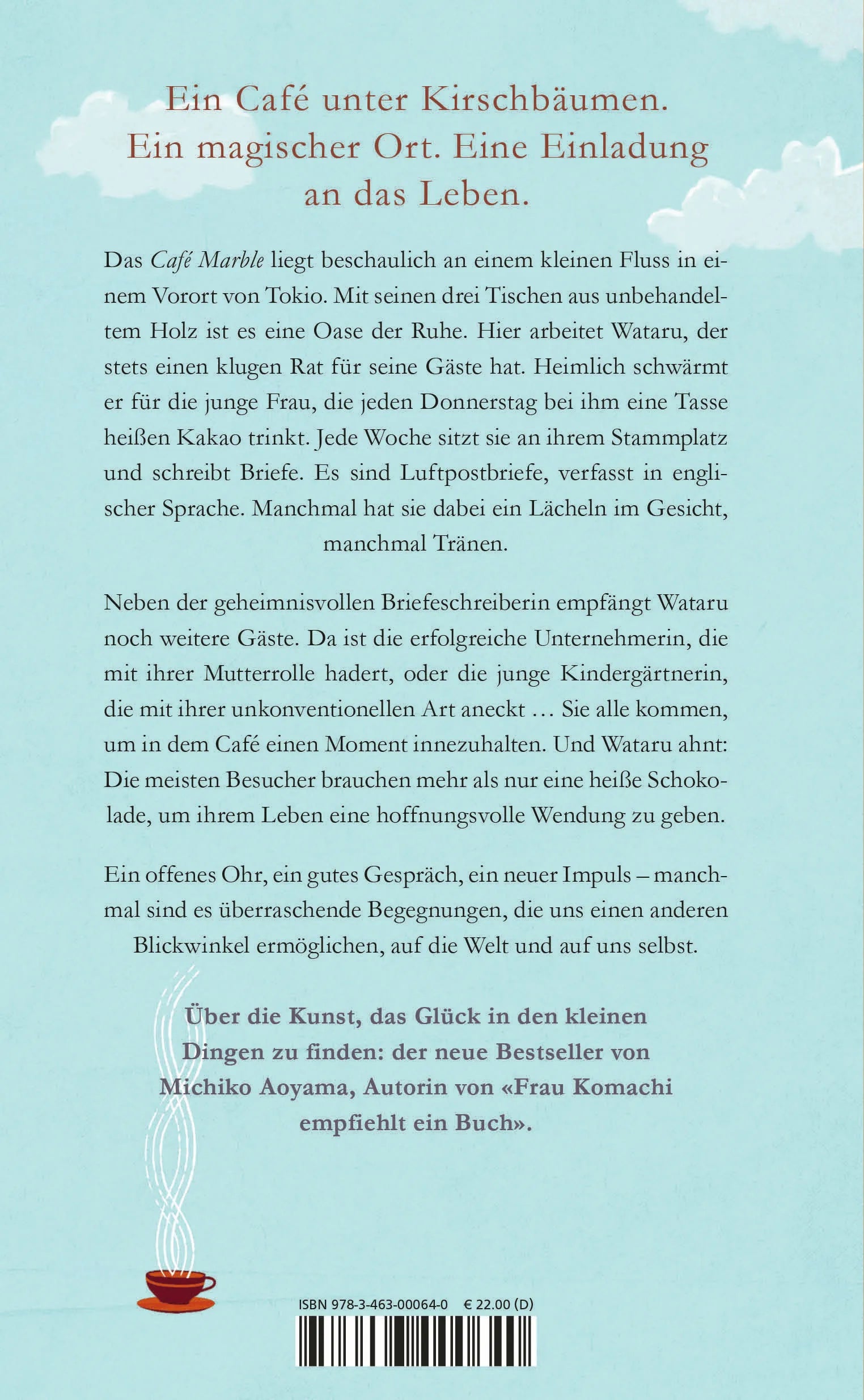 Buchrückseite von 'Donnerstags im Café unter den Kirschbäumen' mit Klappentext - Gebundene Ausgabe