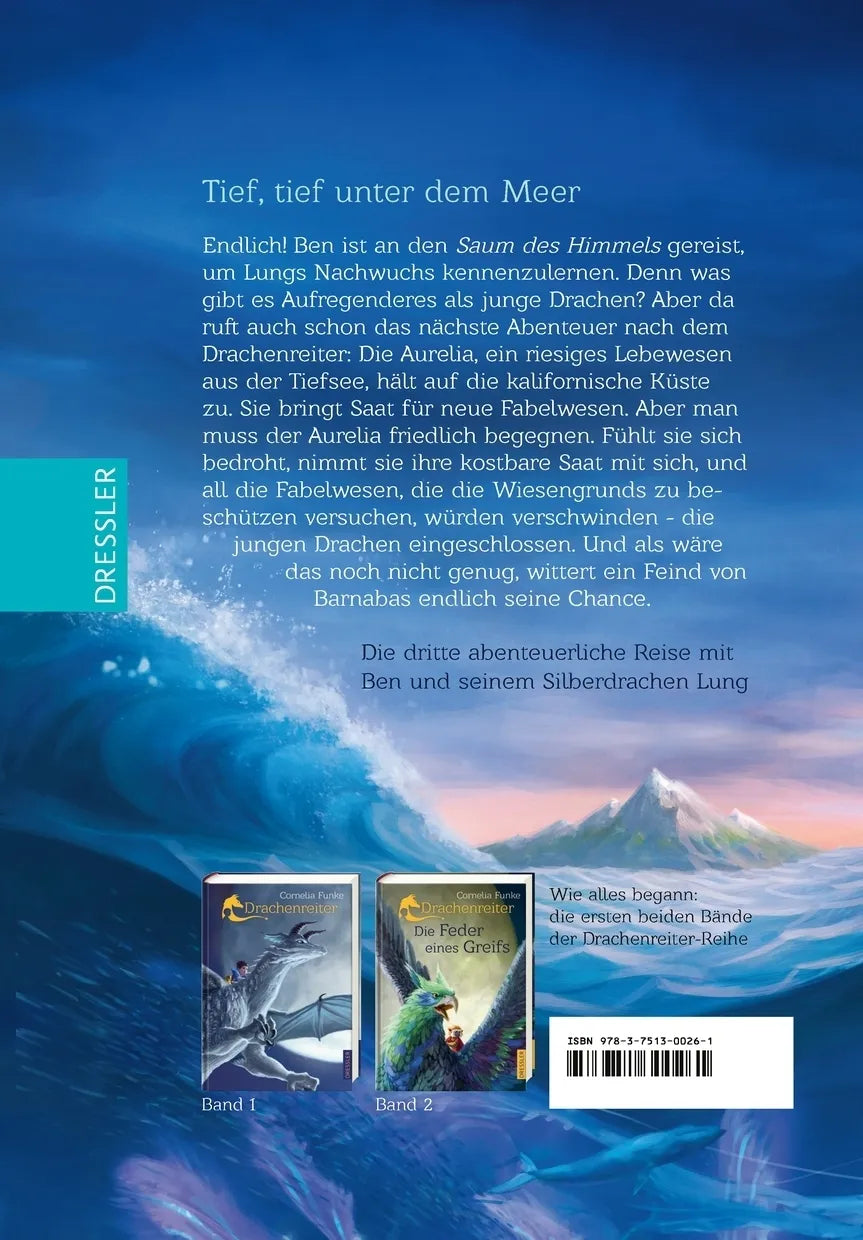 Buchrückseite von 'Drachenreiter 3. Der Fluch der Aurelia' mit Klappentext - Gebundene Ausgabe