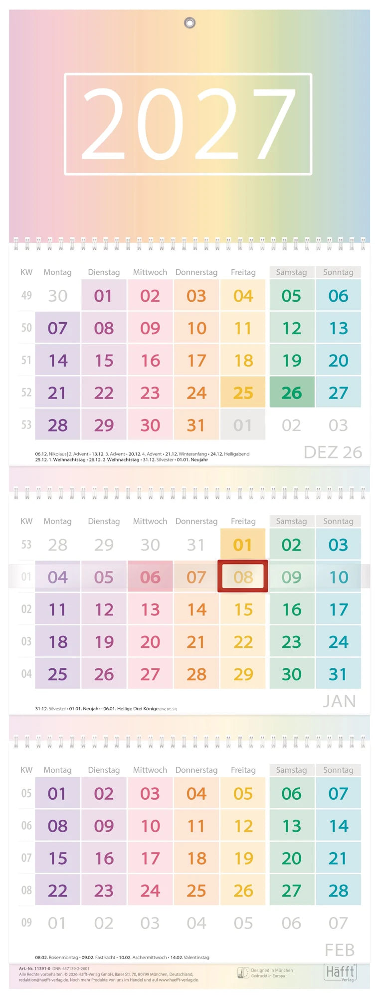 Wandkalender: Drei-Monatskalender 2027