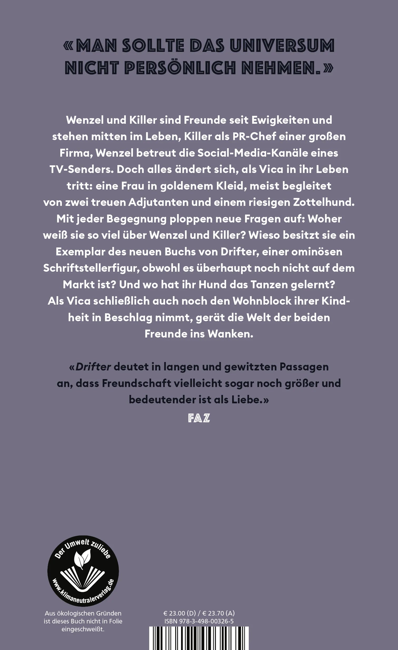 Buchrückseite von 'Drifter' mit Klappentext - Gebundene Ausgabe