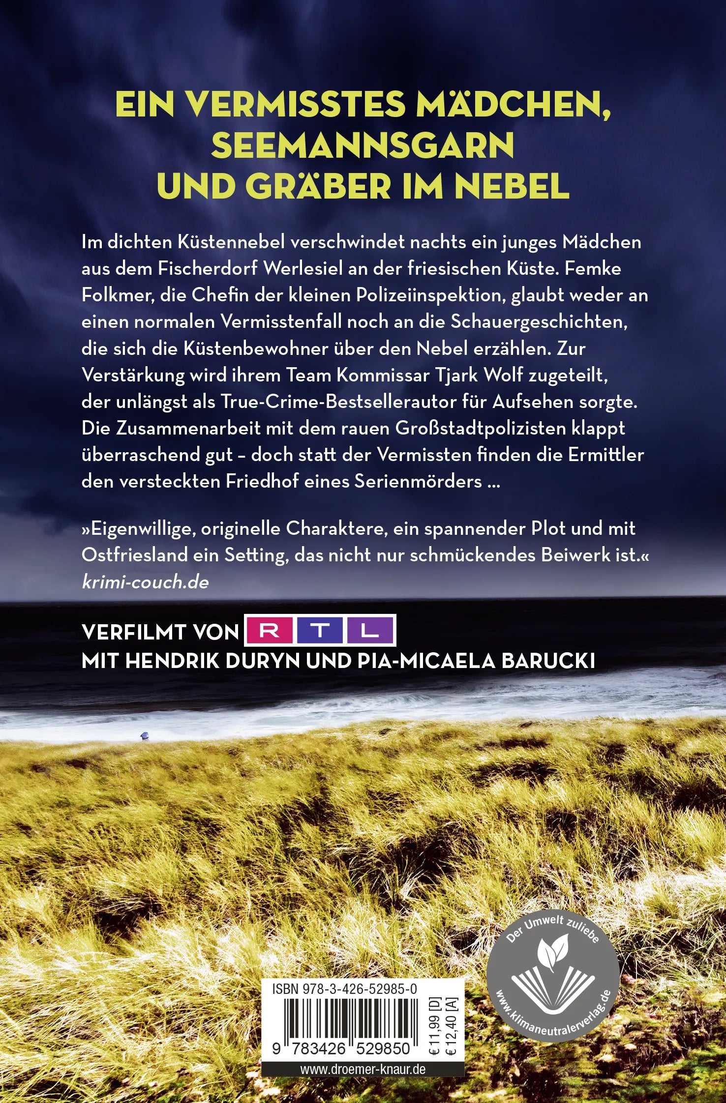 Buchrückseite von 'Dünengrab' mit Klappentext - Taschenbuch